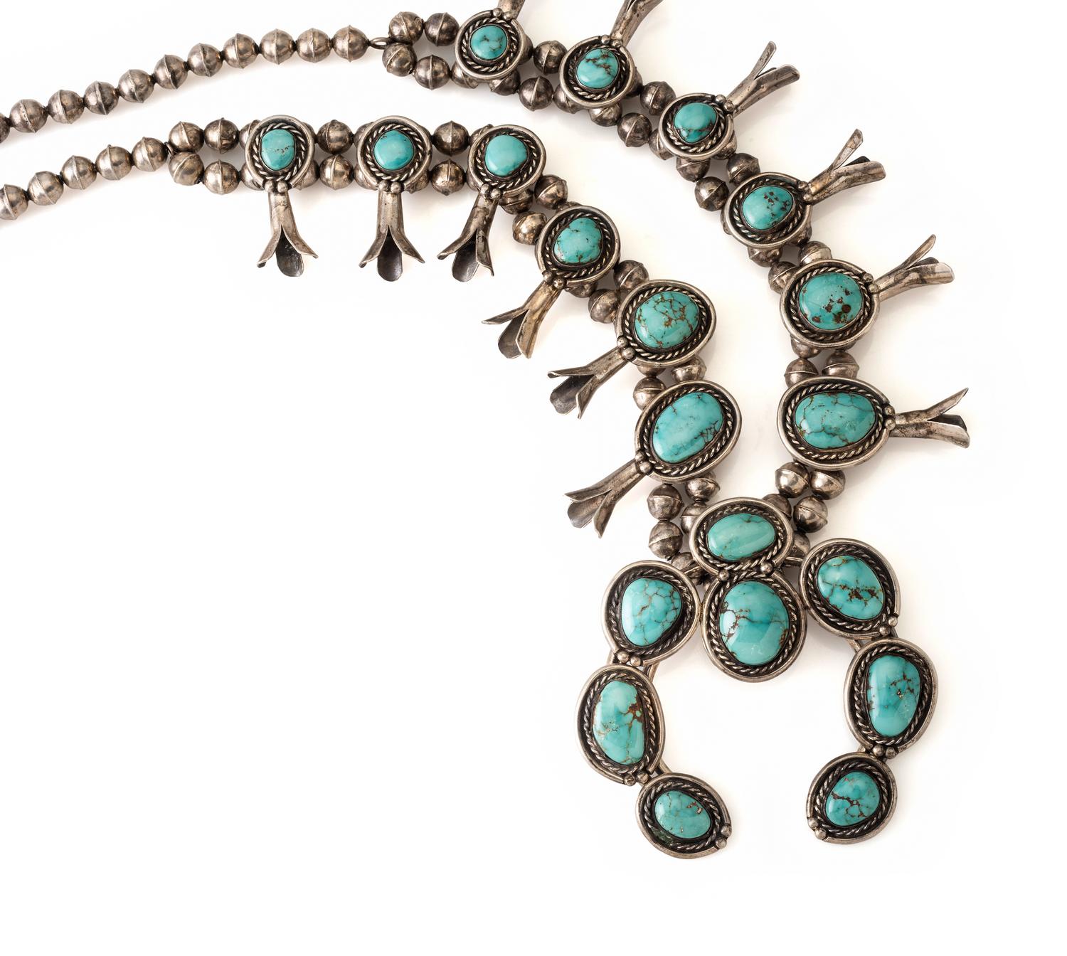 Navajo Silver and Turquoise Squash Blossom Necklace