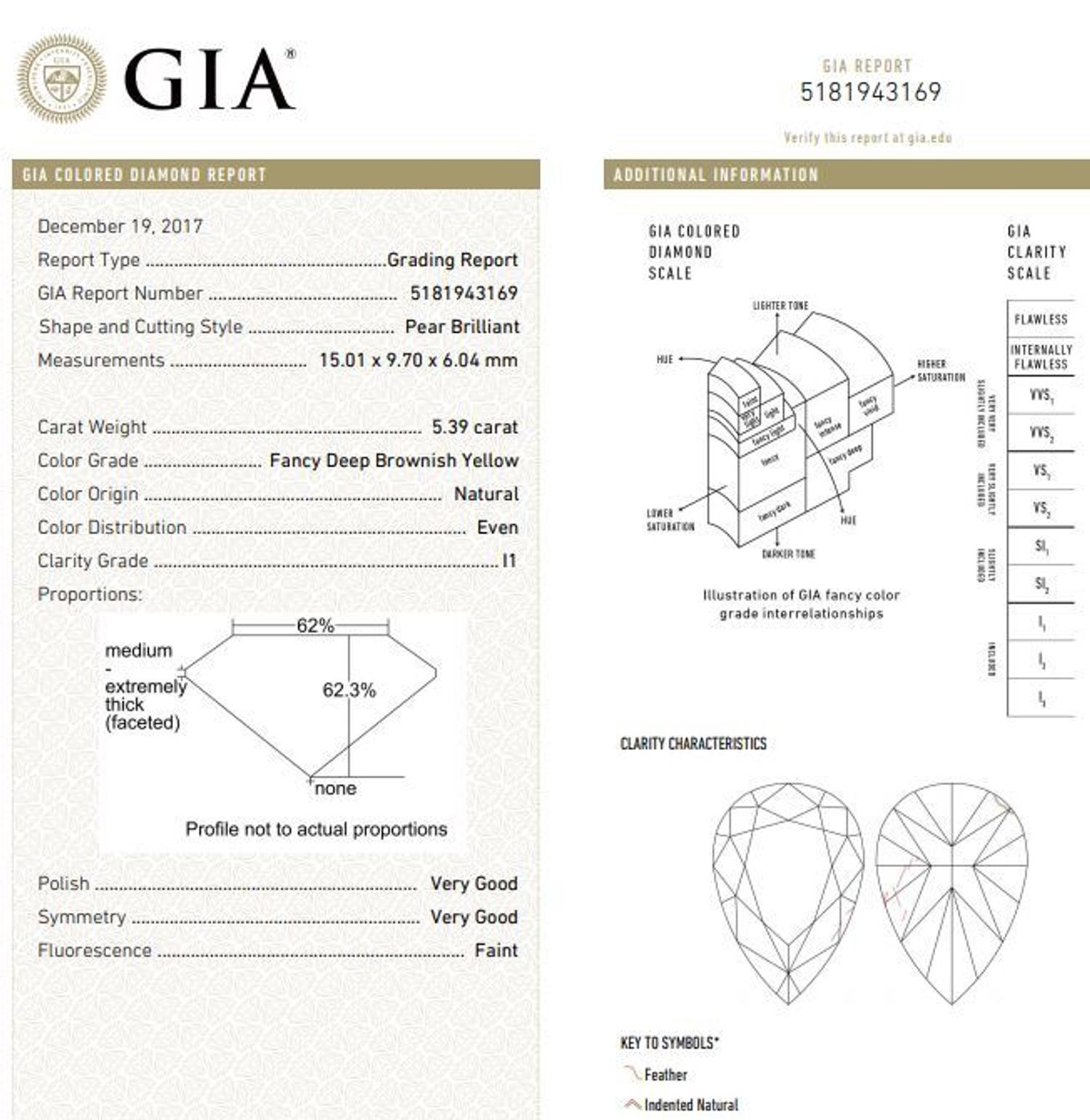 A 5.39 Pear Shape Brilliant Cut Fancy Deep Brownish Yellow Diamond,