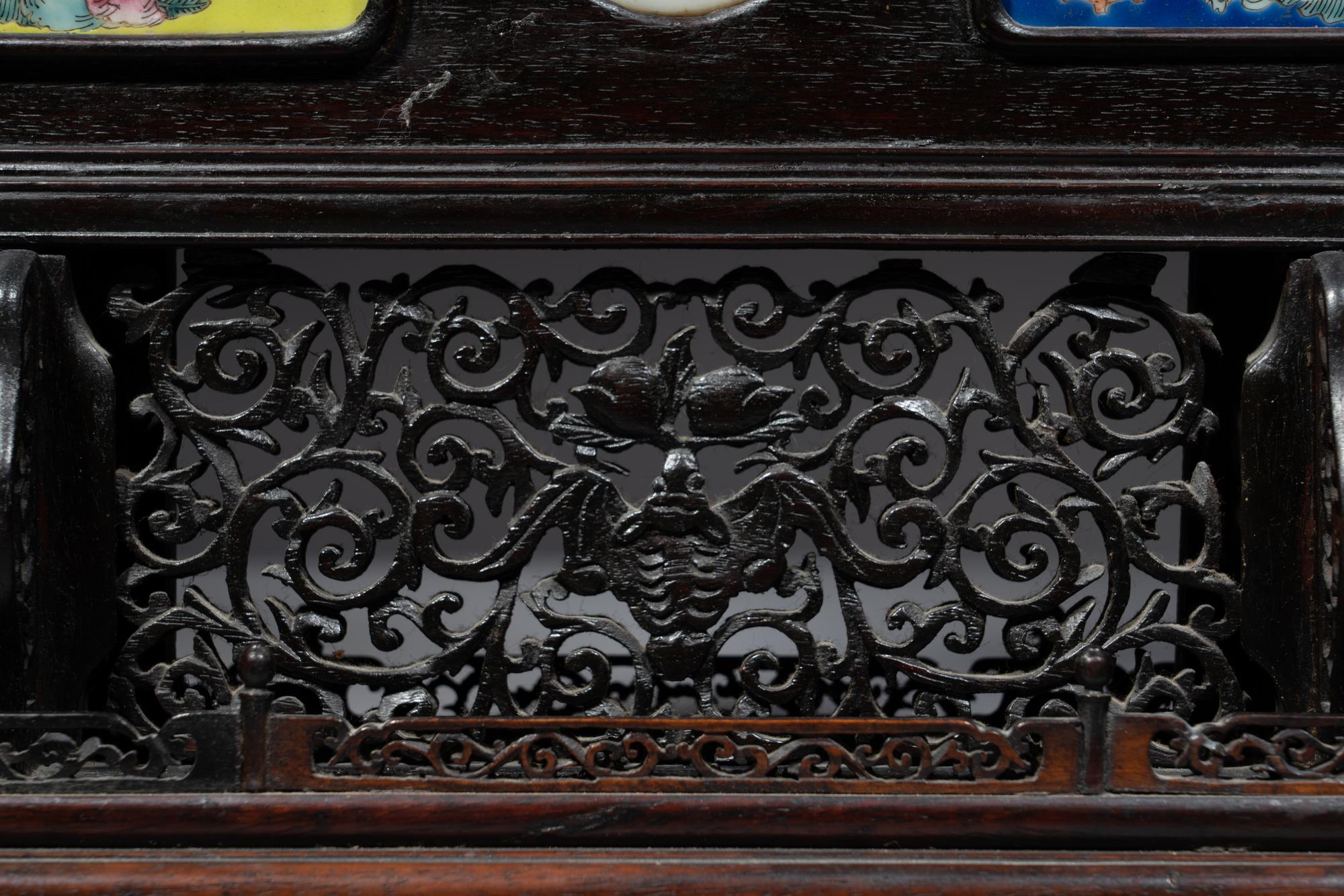 A Chinese Famille Rose Porcelain Inset Hardwood Table Screen