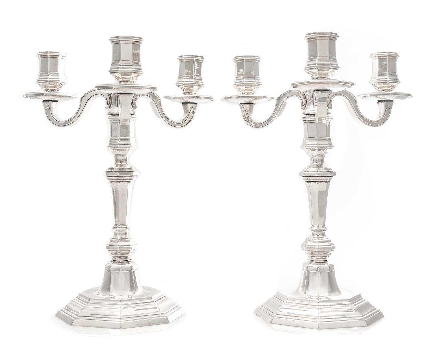 A Pair of French Silver-Plate Three-Light Candelabra, Christofle, Paris, 20th Century, each paneled baluster form stem terminating in a