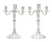 A Pair of French Silver-Plate Three-Light Candelabra, Christofle, Paris, 20th Century, each paneled baluster form stem terminating in a