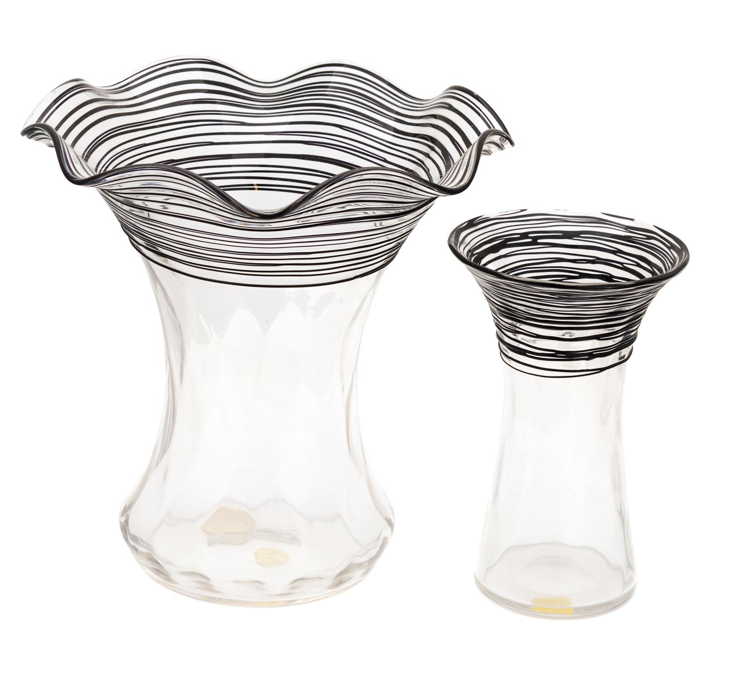 Steuben, , a group of two black threaded-glass vases
