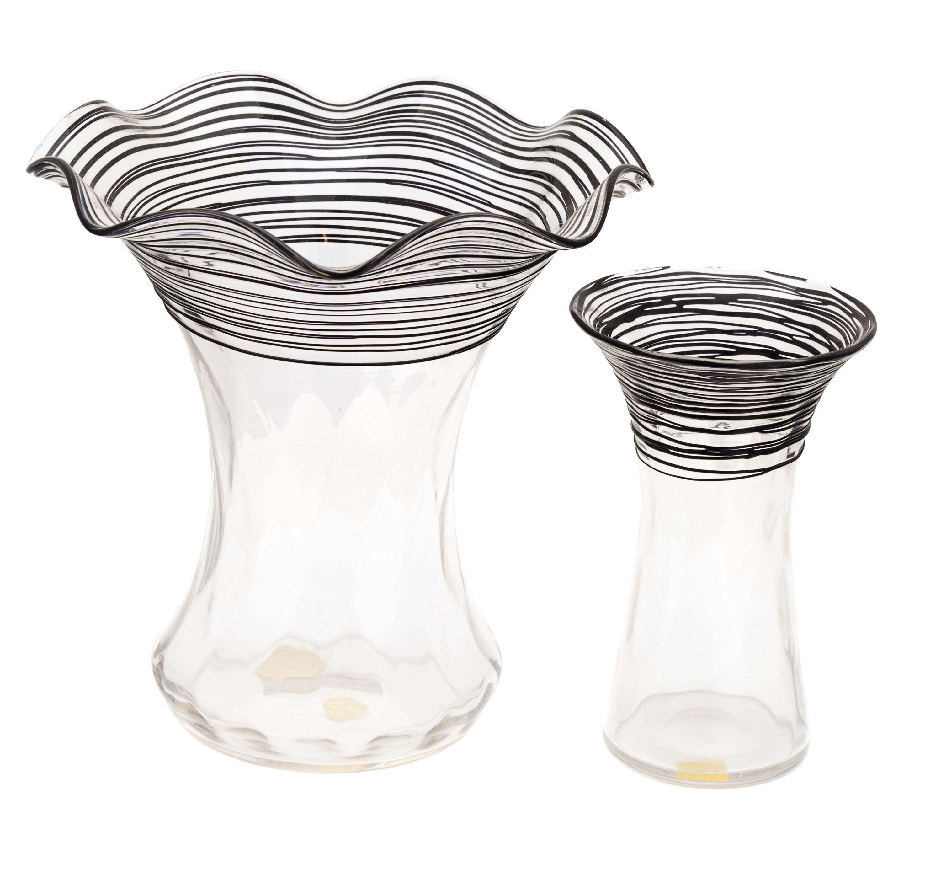 Steuben, , a group of two black threaded-glass vases