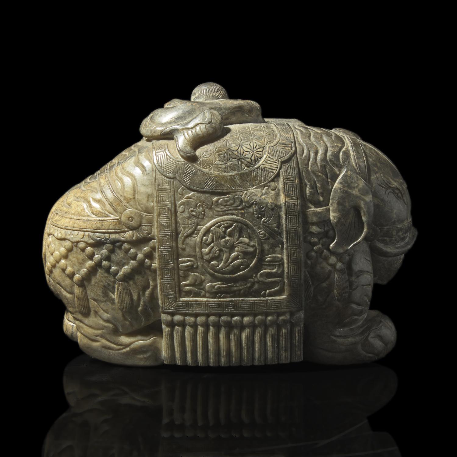 A Chinese Carved 'Washing the Elephant' Group 石雕童子洗象