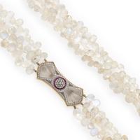 Moonstone, Carved Rock Crystal, Synthetic Ruby, and Diamond Beaded Necklace