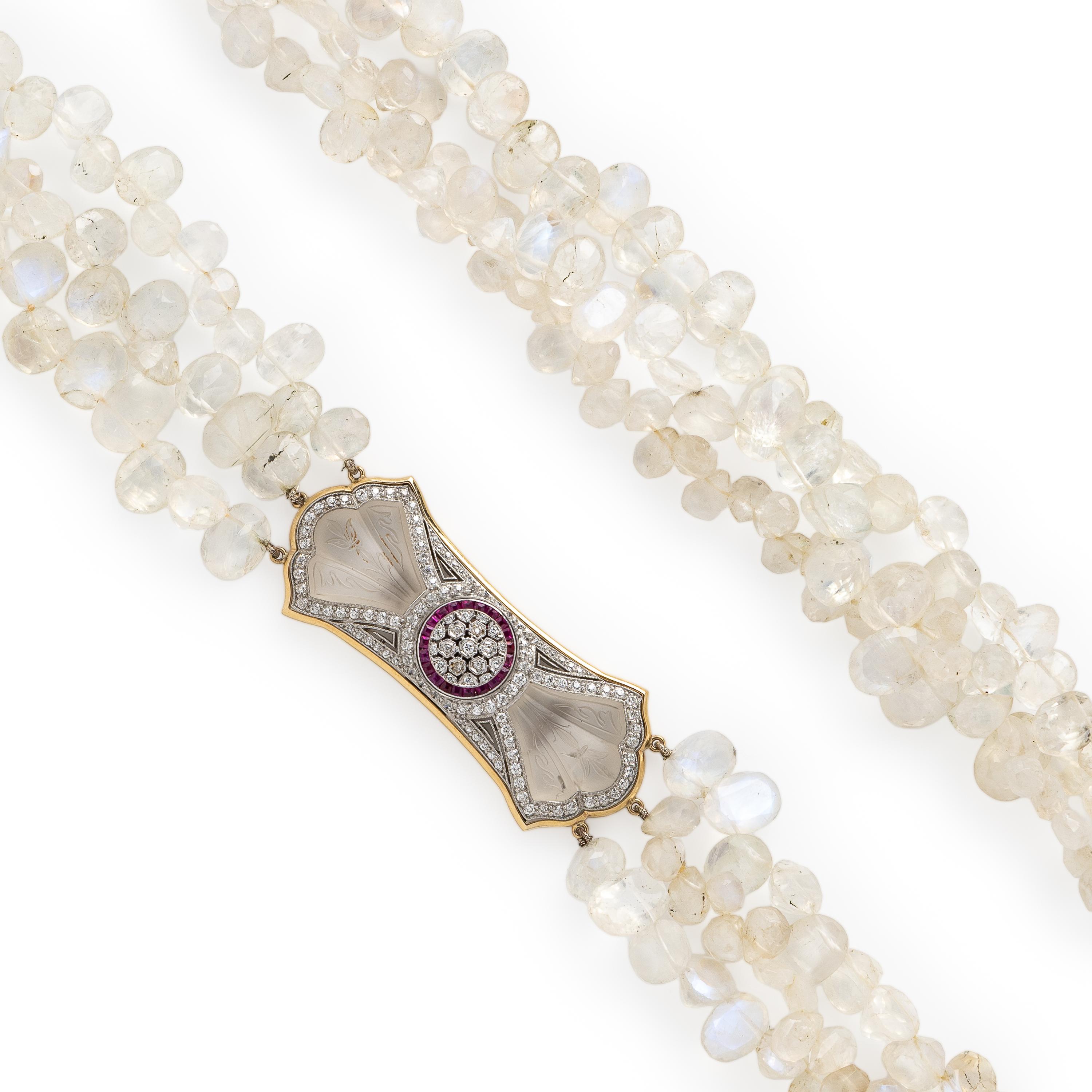 Moonstone, Carved Rock Crystal, Synthetic Ruby, and Diamond Beaded Necklace