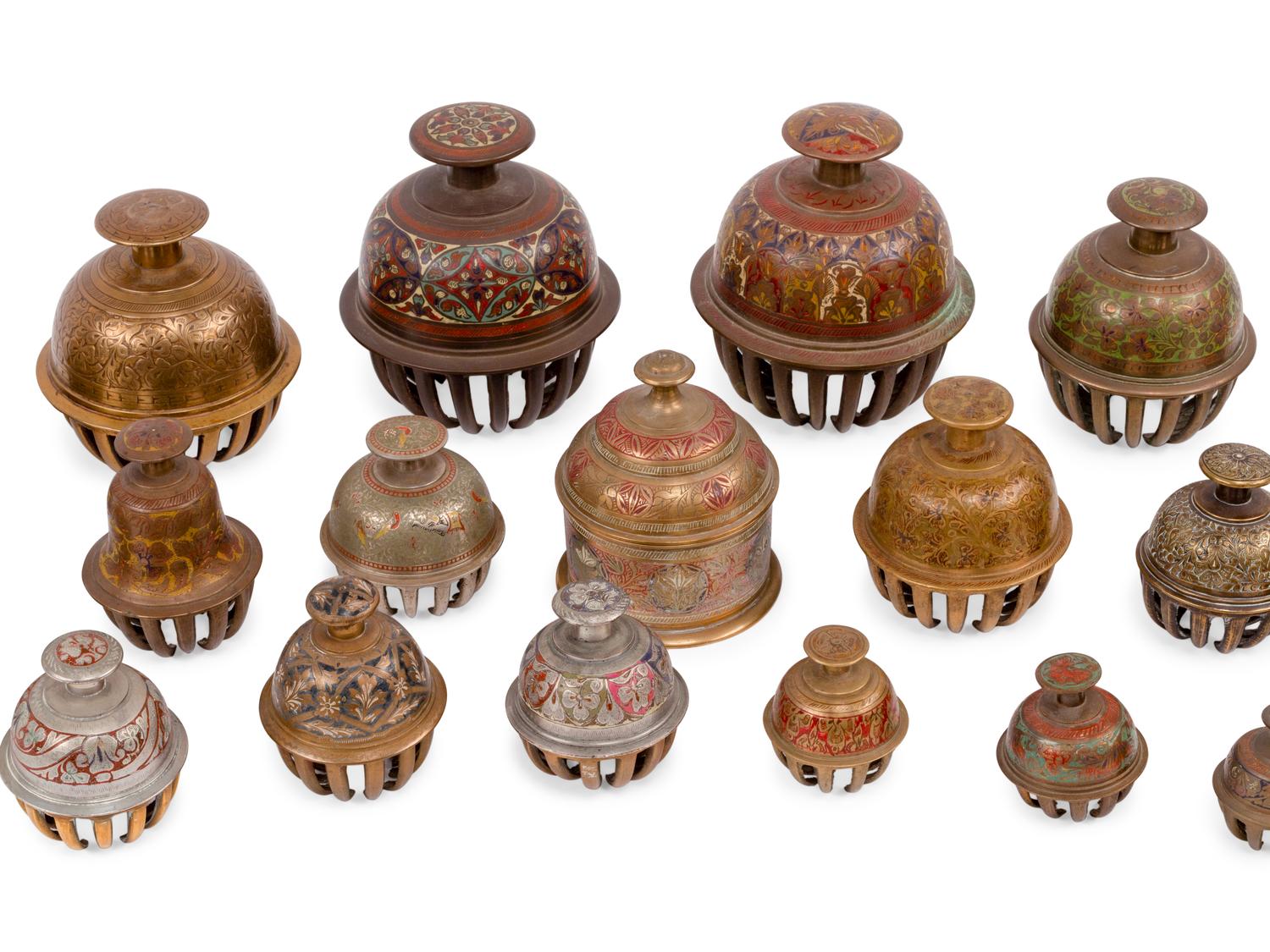 Twenty-One Middle Eastern Enameled Bronze Bells