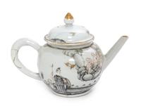 A Chinese Export Gilt Decorated Grisaille Porcelain Teapot Length 7 1/2 inches. — LATE 18TH/19TH CENTURY
