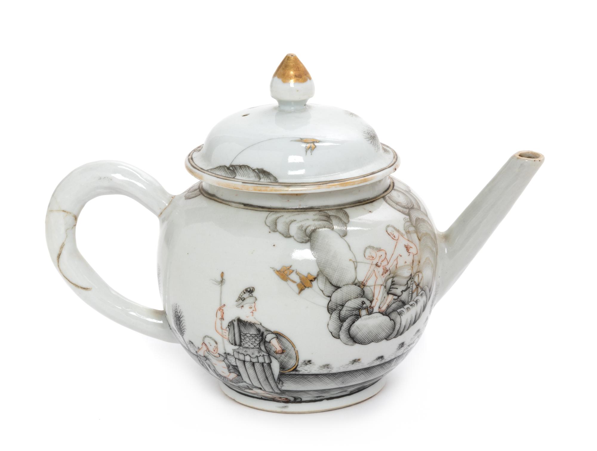 A Chinese Export Gilt Decorated Grisaille Porcelain Teapot Length 7 1/2 inches. — LATE 18TH/19TH CENTURY