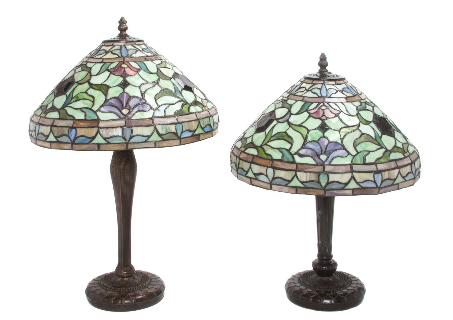 A Set of Two American Leaded Glass Table Lamps Height of tallest 20 inches.