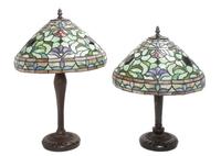 A Set of Two American Leaded Glass Table Lamps Height of tallest 20 inches.
