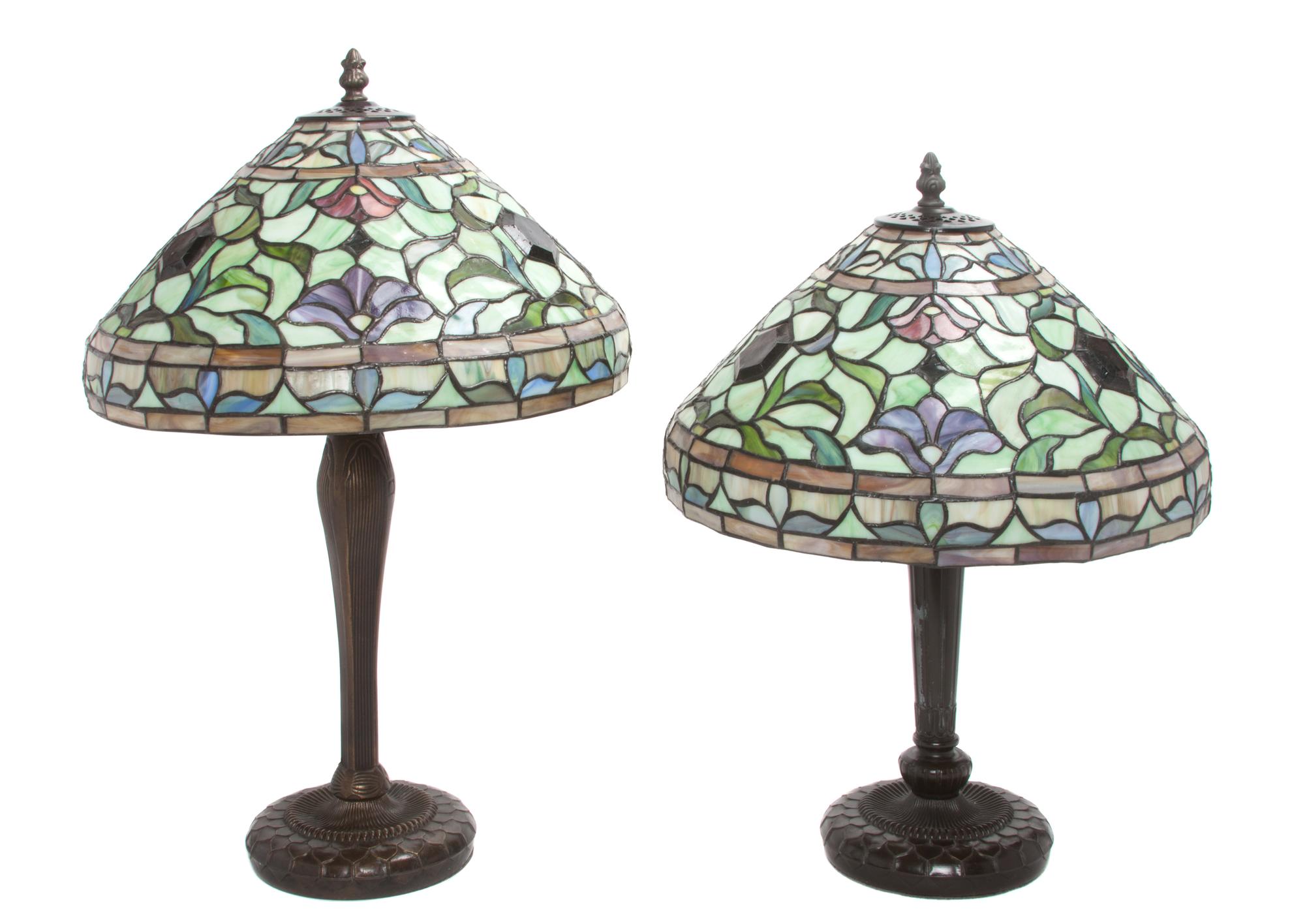 A Set of Two American Leaded Glass Table Lamps Height of tallest 20 inches.