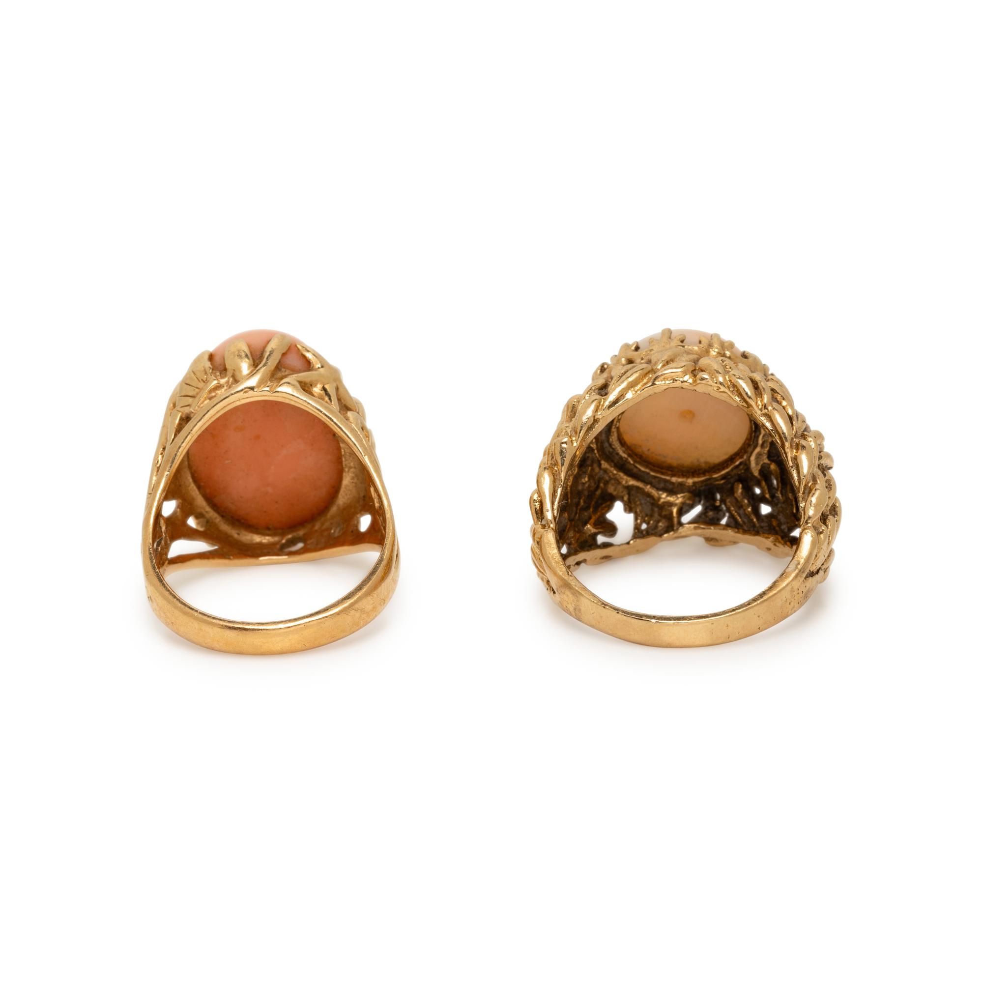 TWO YELLOW GOLD AND CORAL RINGS