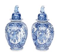 A Pair of Delft Blue and White Covered Jars