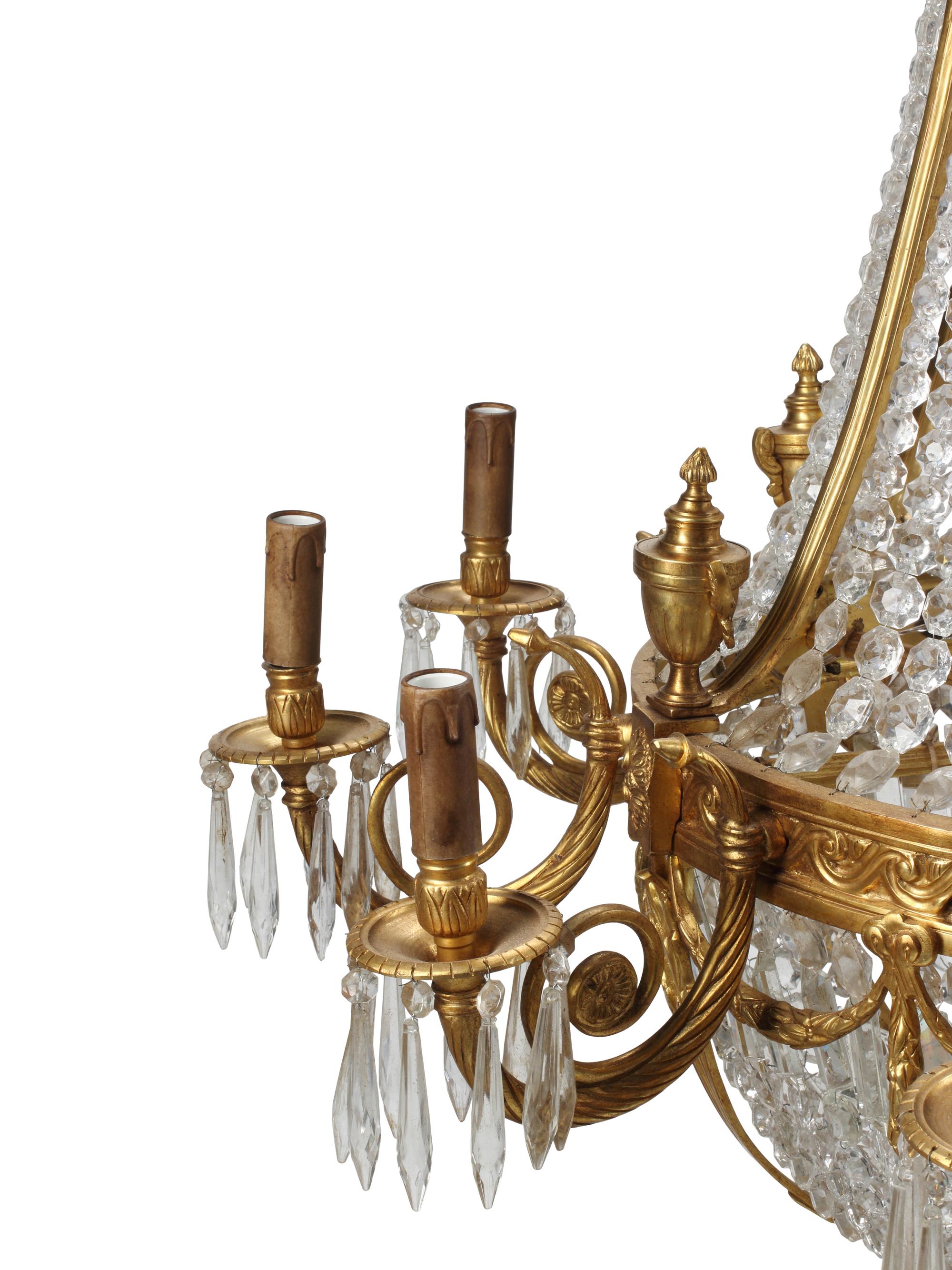A Pair of French Neoclassical Style Gilt Bronze and Cut Glass Ten-Light Chandeliers