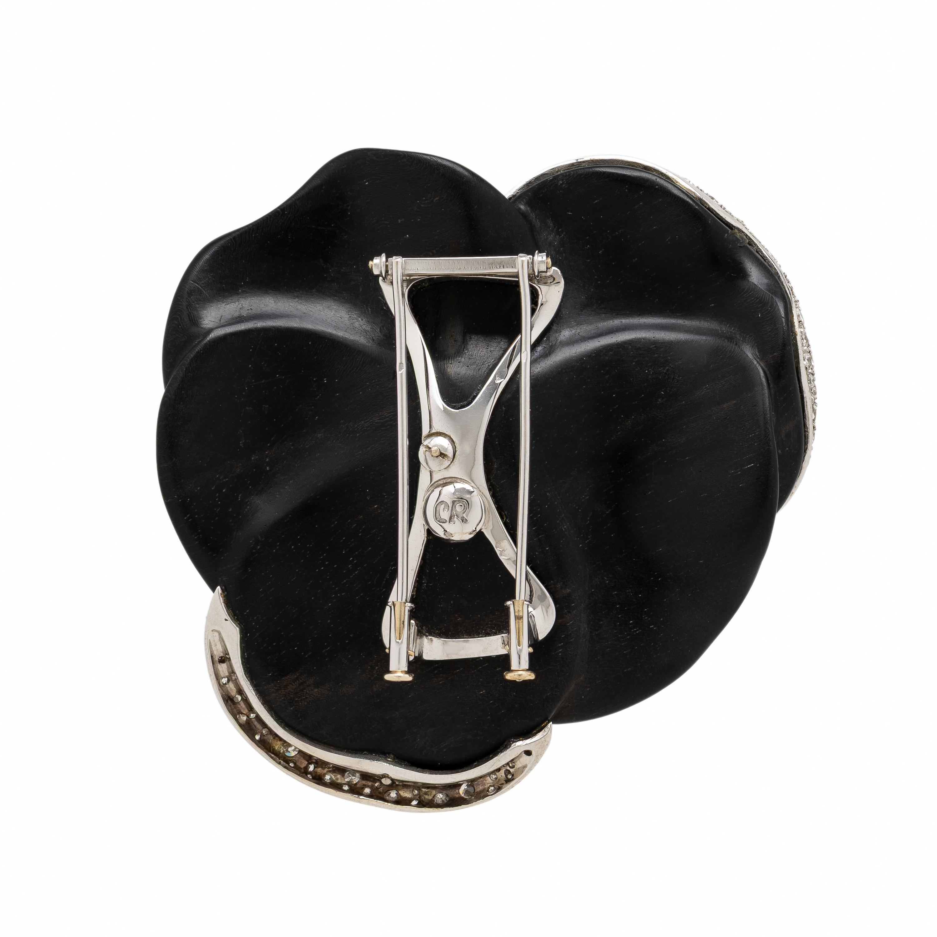 French, White Gold, Diamond, Cultured Pearl, and Carved Wood Flower Brooch