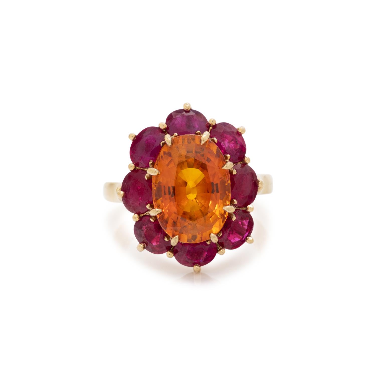 ORANGE SAPPHIRE AND RUBY RING