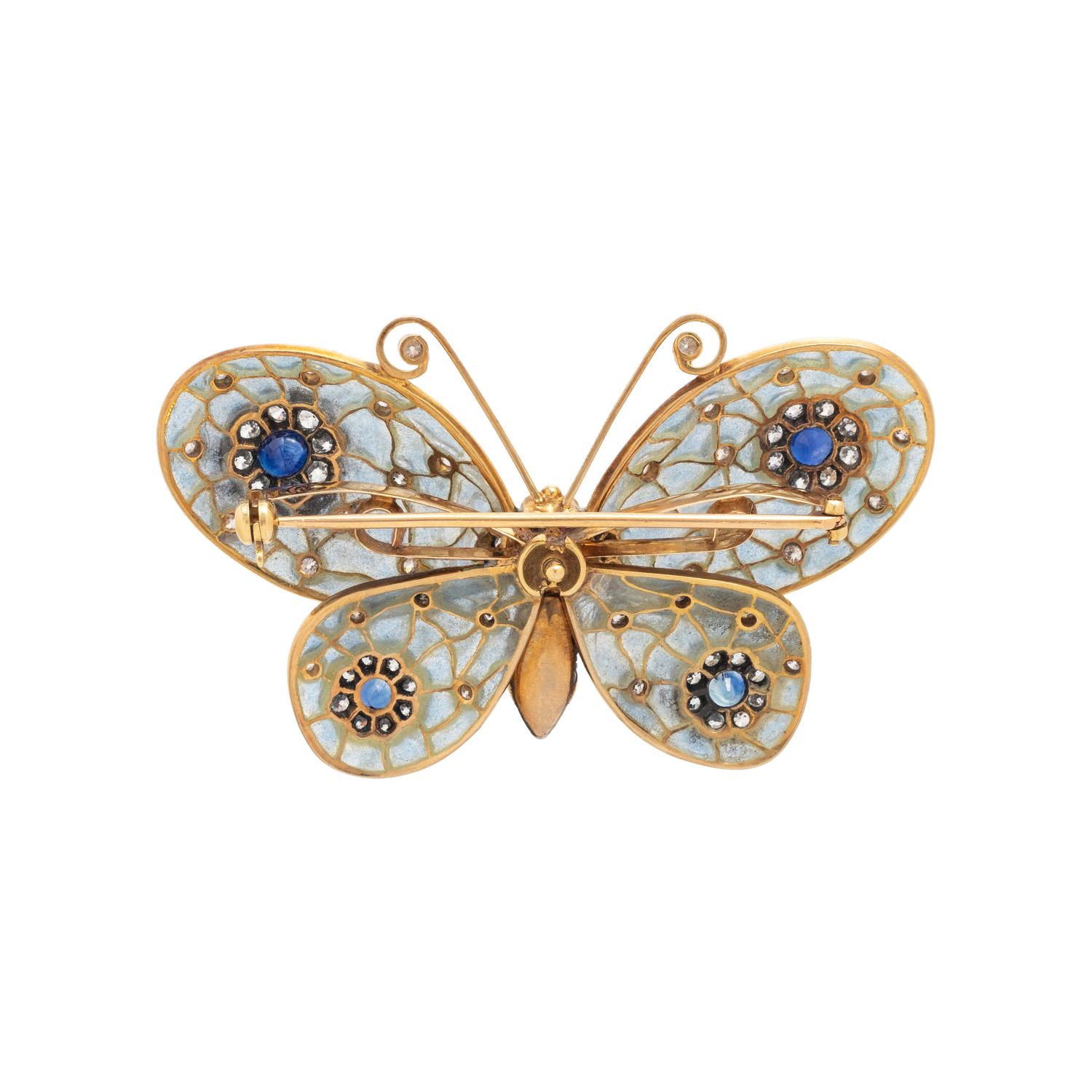 EVELYN CLOTHIER, SAPPHIRE, DIAMOND AND PLIQUE-À-JOUR ENAMEL BUTTERFLY BROOCH