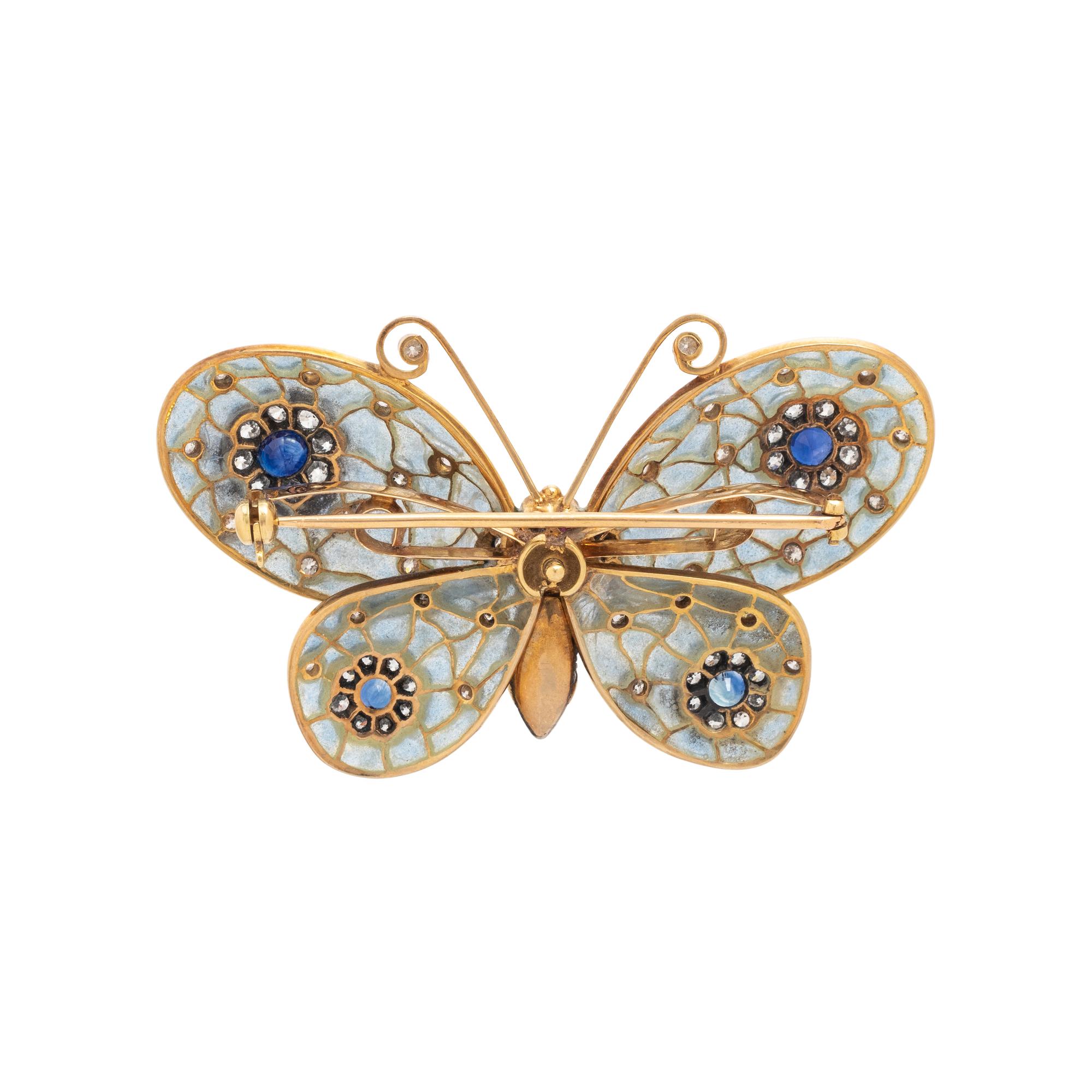 EVELYN CLOTHIER, SAPPHIRE, DIAMOND AND PLIQUE-À-JOUR ENAMEL BUTTERFLY BROOCH