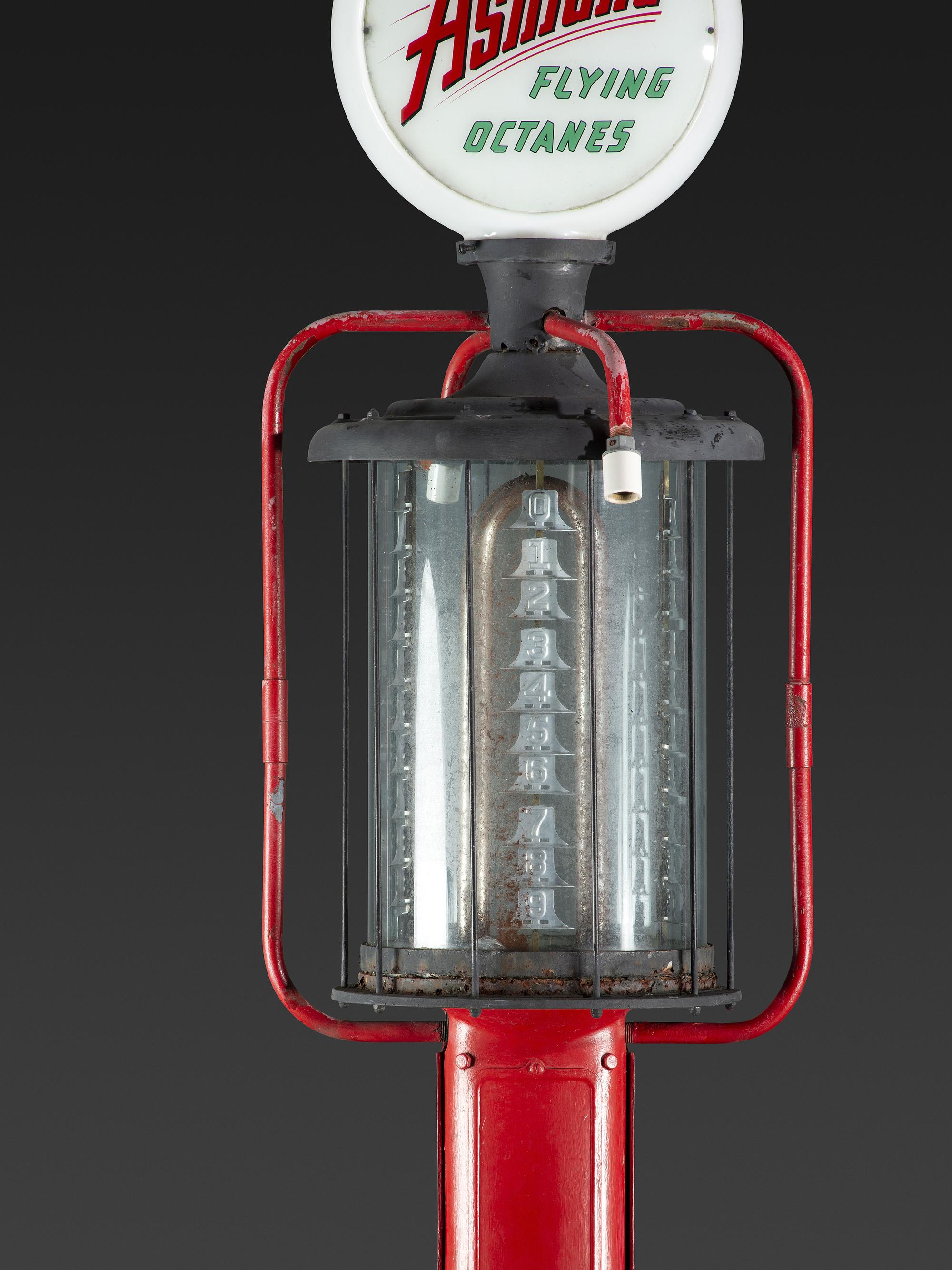 An American Painted Metal Gravity Gas Pump, Guarantee Liquid Measure