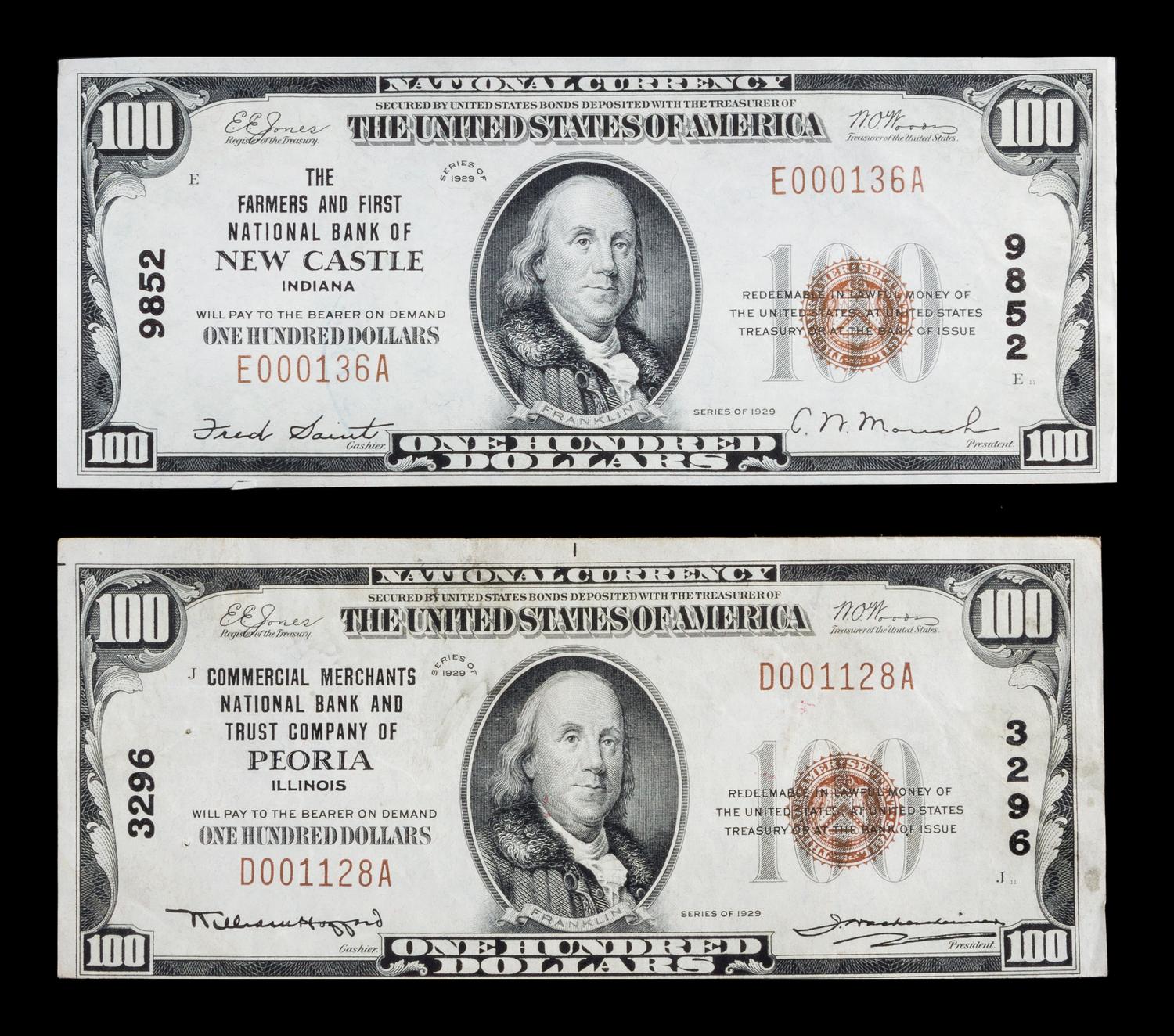 Two United States 1929 Type-1 $100 National Bank Notes