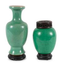 Two Chinese Monochrome Green Glazed Porcelain Vessels