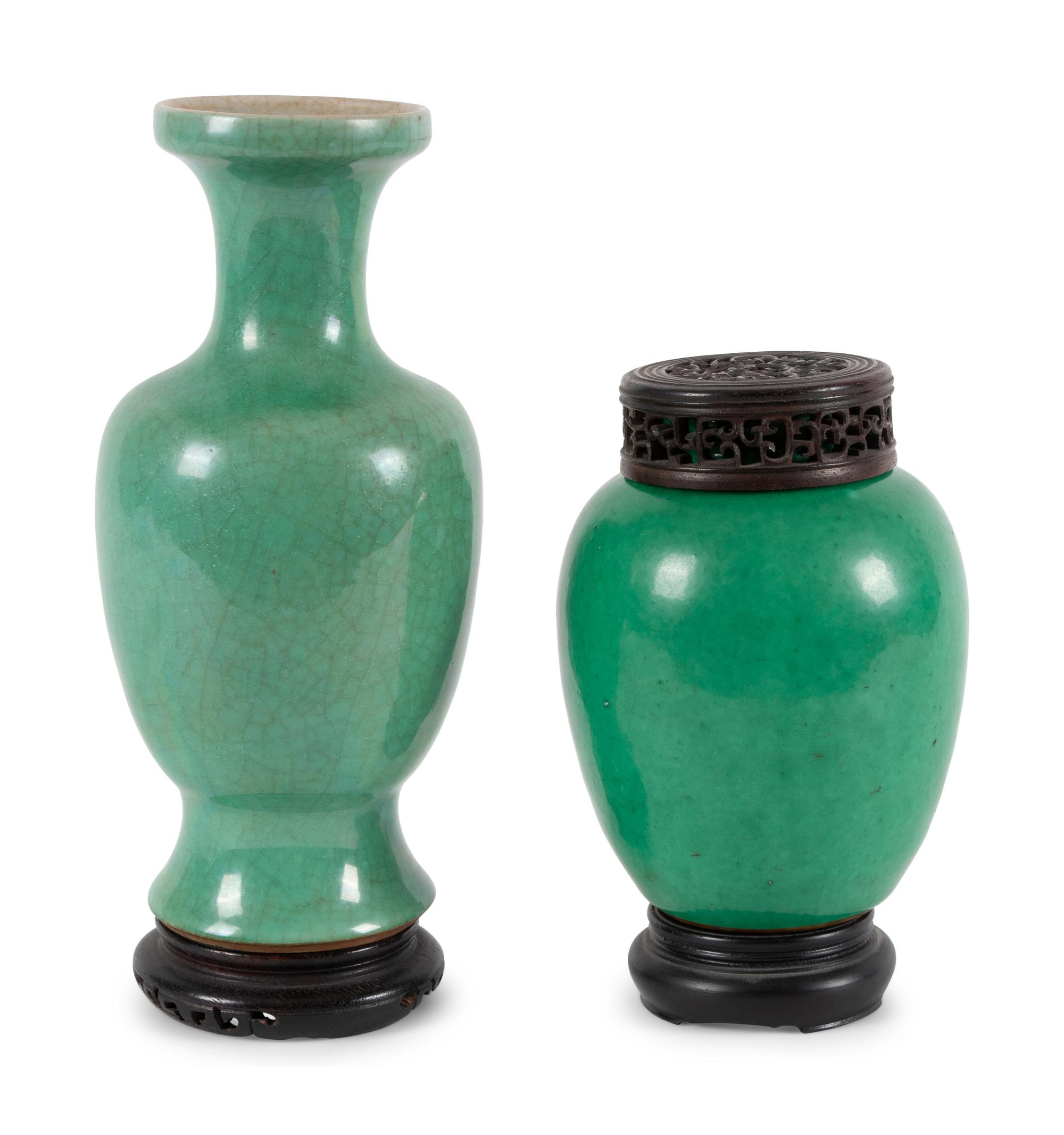 Two Chinese Monochrome Green Glazed Porcelain Vessels