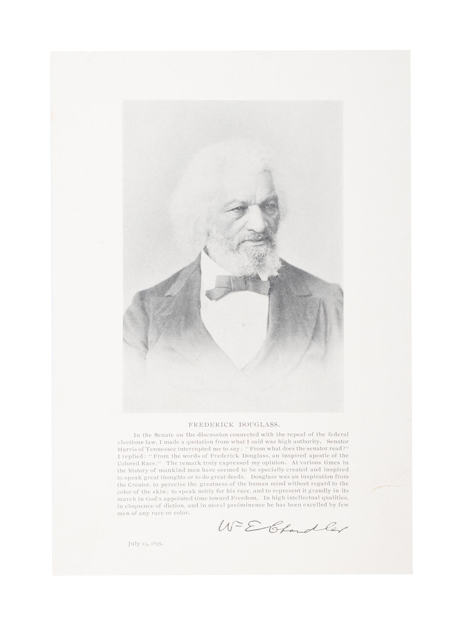 [DOUGLASS, Frederick (1818-1895)]. CHANDLER, William E. (1835-1917). Printed memorial card honoring Frederick Douglass. N.p.: N.p., 1895.