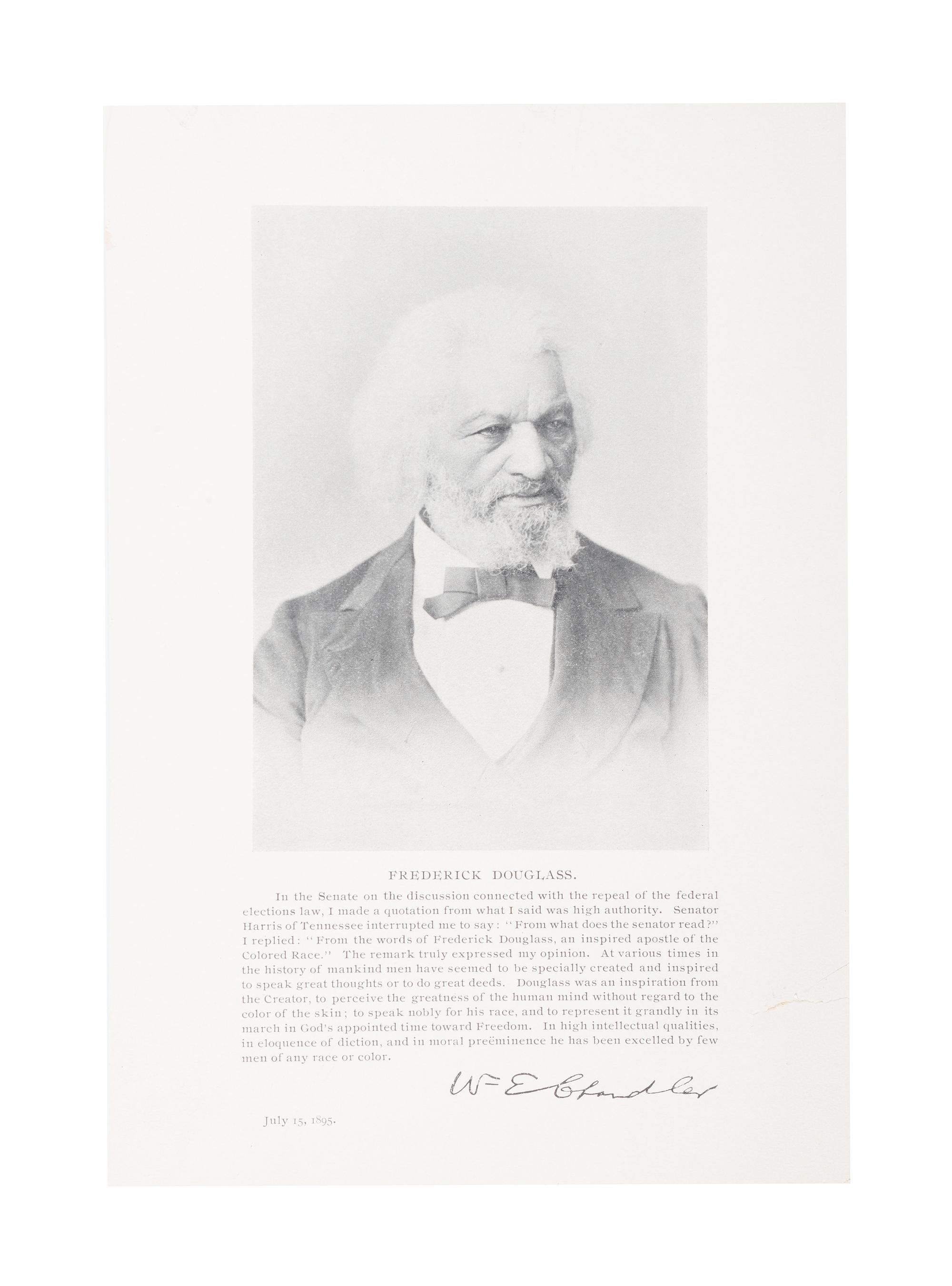 [DOUGLASS, Frederick (1818-1895)]. CHANDLER, William E. (1835-1917). Printed memorial card honoring Frederick Douglass. N.p.: N.p., 1895.