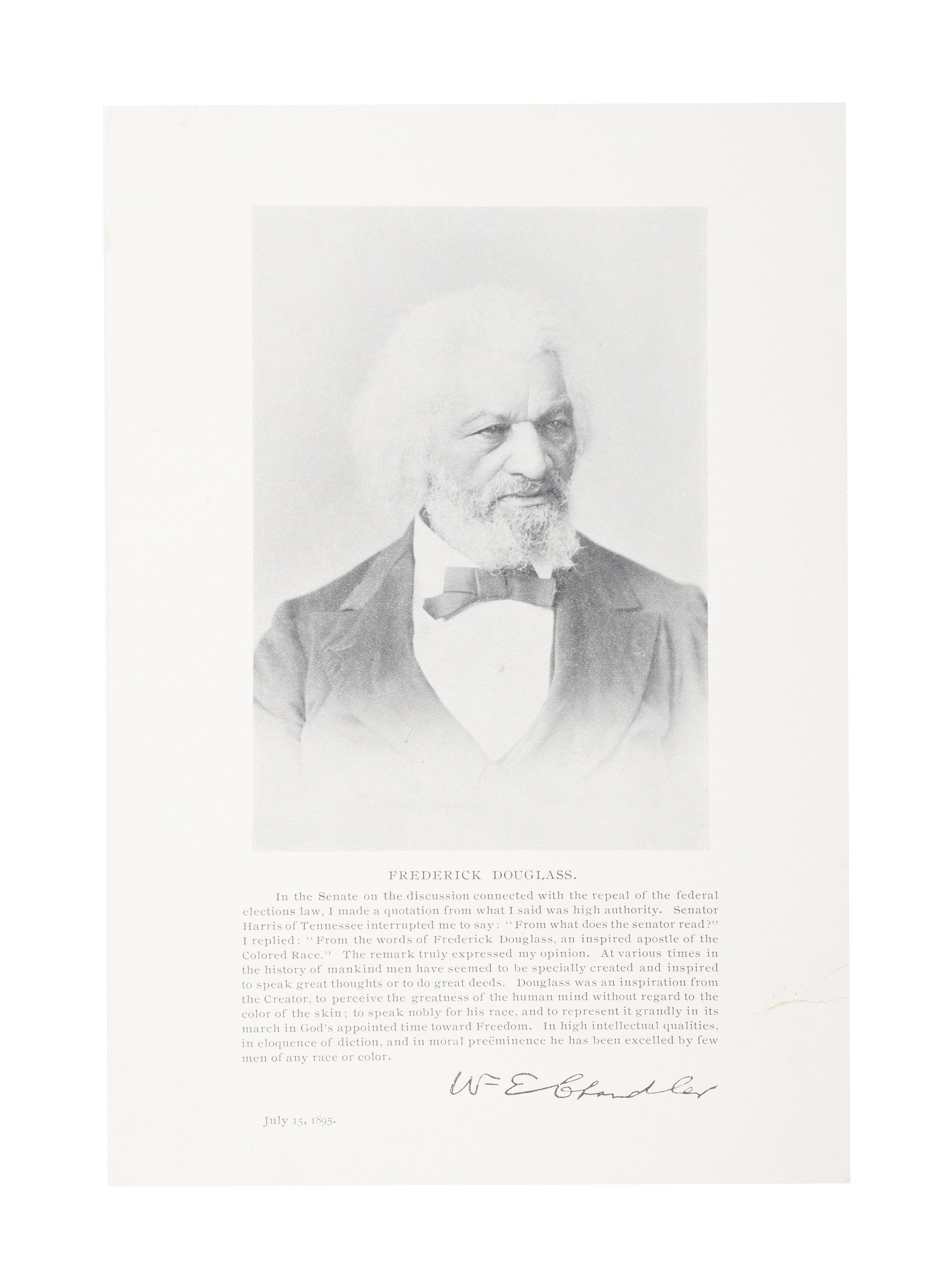 [DOUGLASS, Frederick (1818-1895)]. CHANDLER, William E. (1835-1917). Printed memorial card honoring Frederick Douglass. N.p.: N.p., 1895.