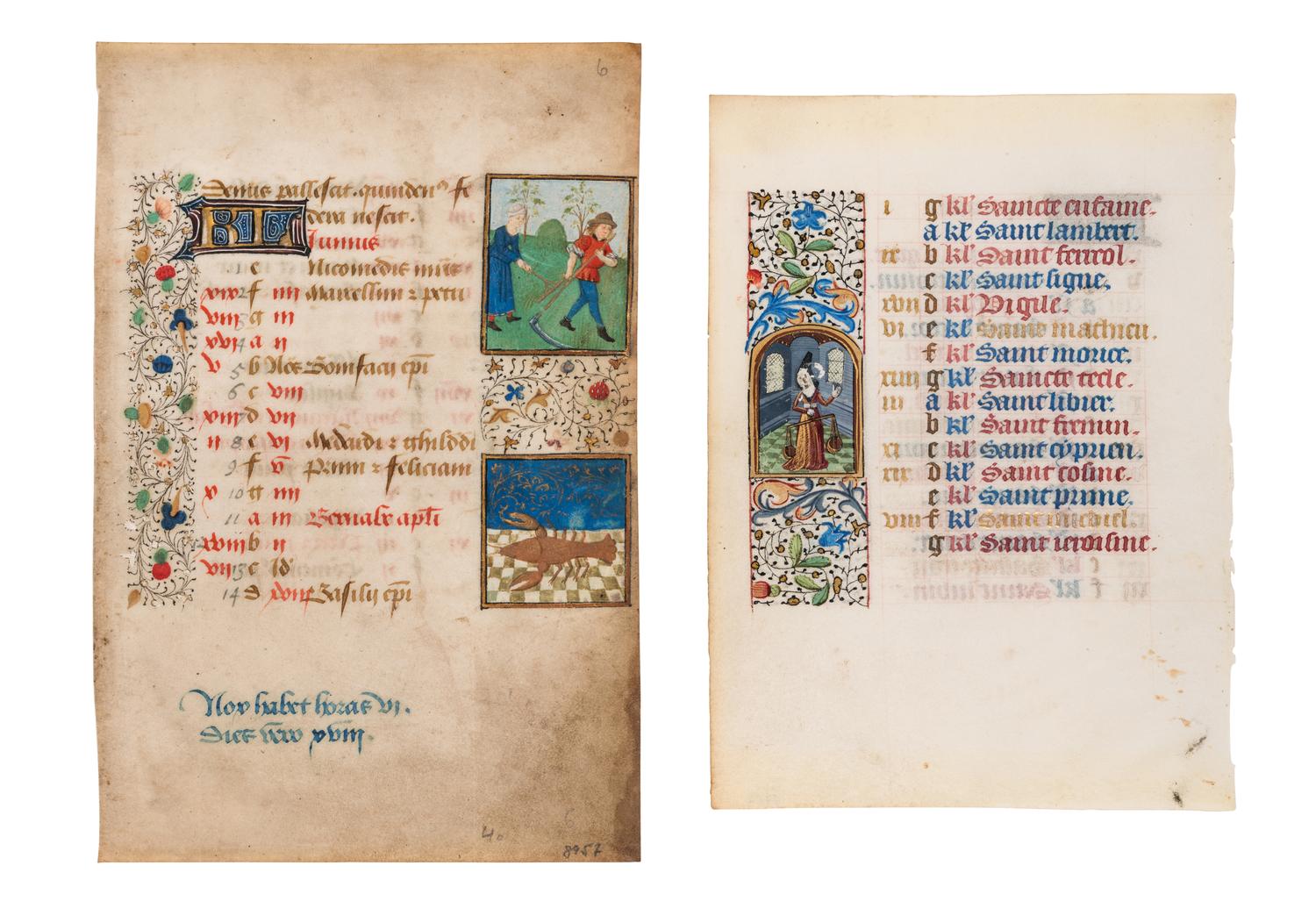 A pair of calendar leaves from the mid-fifteenth century, illuminated in Bruges and Paris with scenes of the Labors of the Month and Signs of the Zodiac.