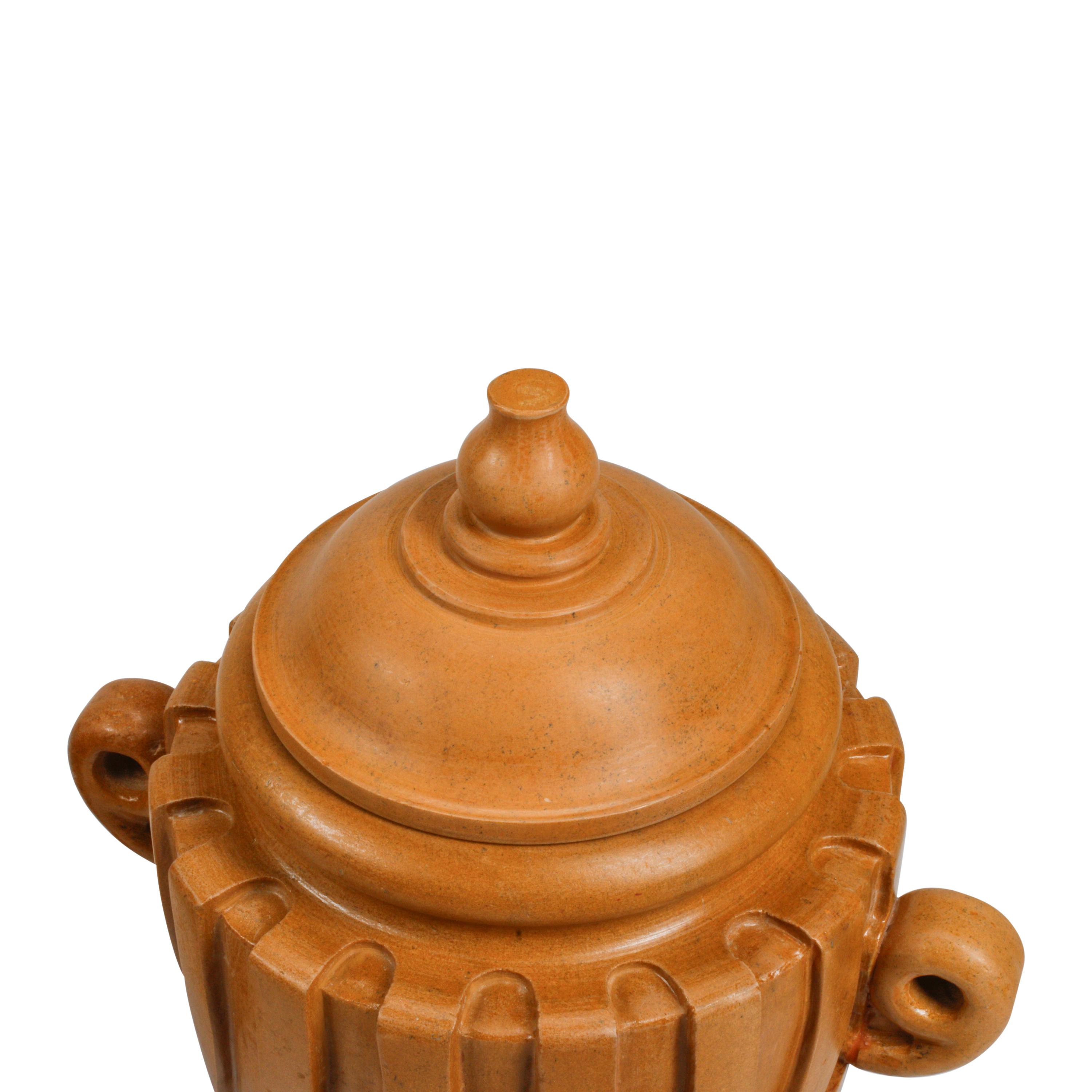 A Pair of Italian Siena Marble Fluted Urns with Covers