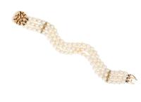 A 14 Karat Yellow Gold and Multistrand Cultured Pearl Bracelet,