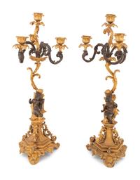 A Pair of Continental Gilt and Patinated Bronze Four-Light Candelabra