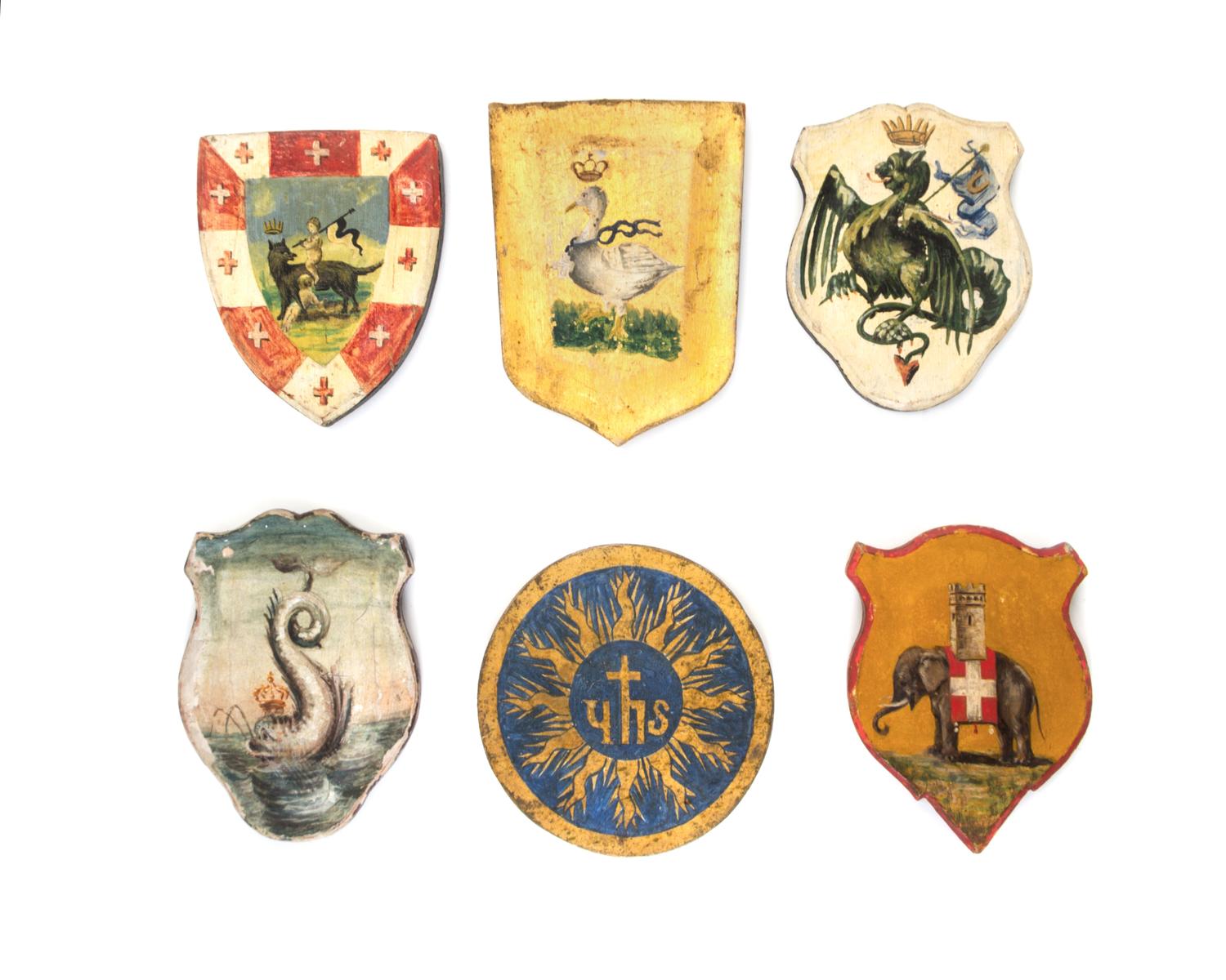 A Set of Six Painted Wood Plaques Height of tallest 5 5/8 inches. — 19TH CENTURY