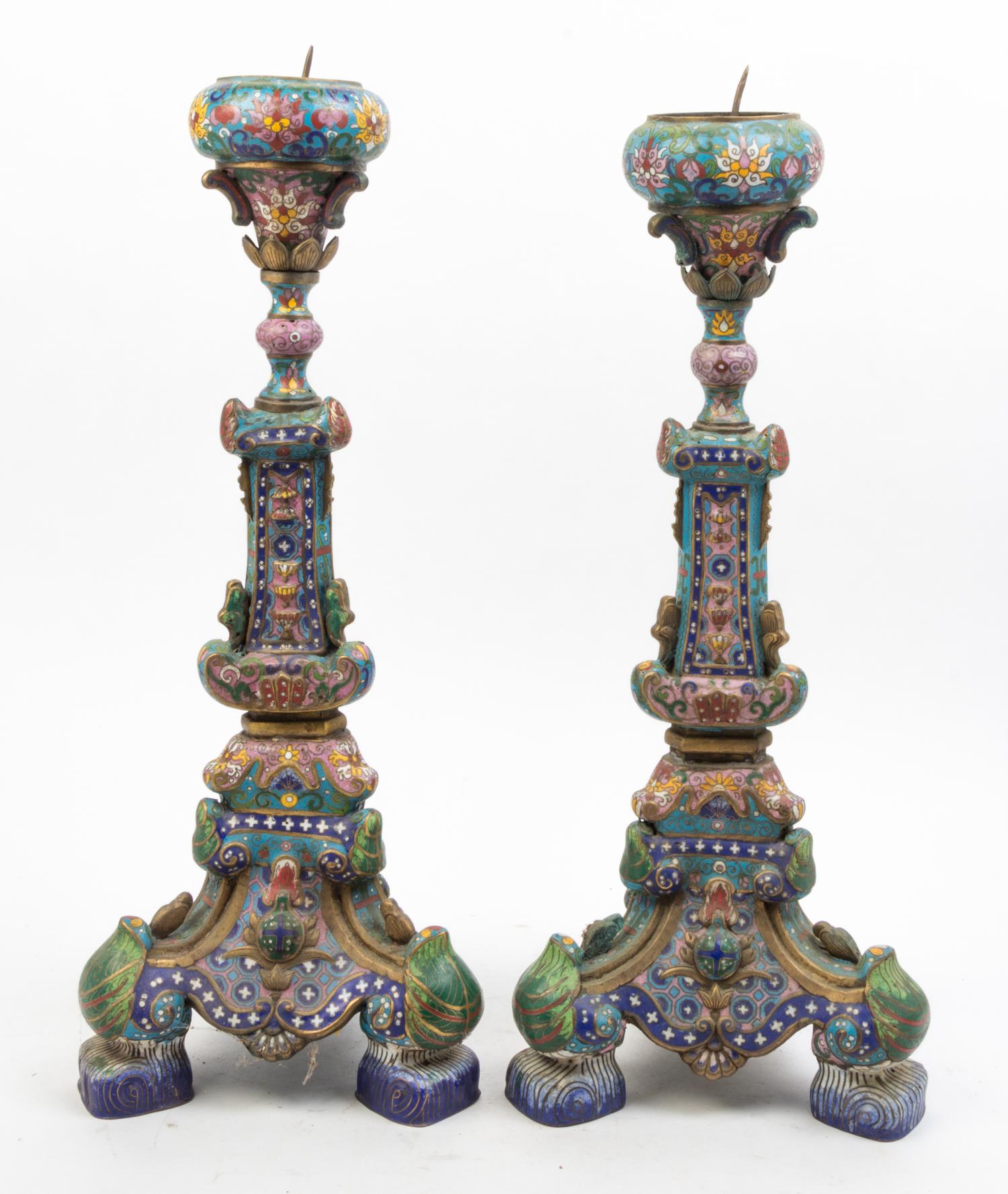 A Pair of Cloisonne Pricket Sticks Height 23 inches.