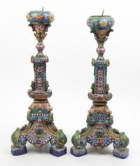 A Pair of Cloisonne Pricket Sticks Height 23 inches.