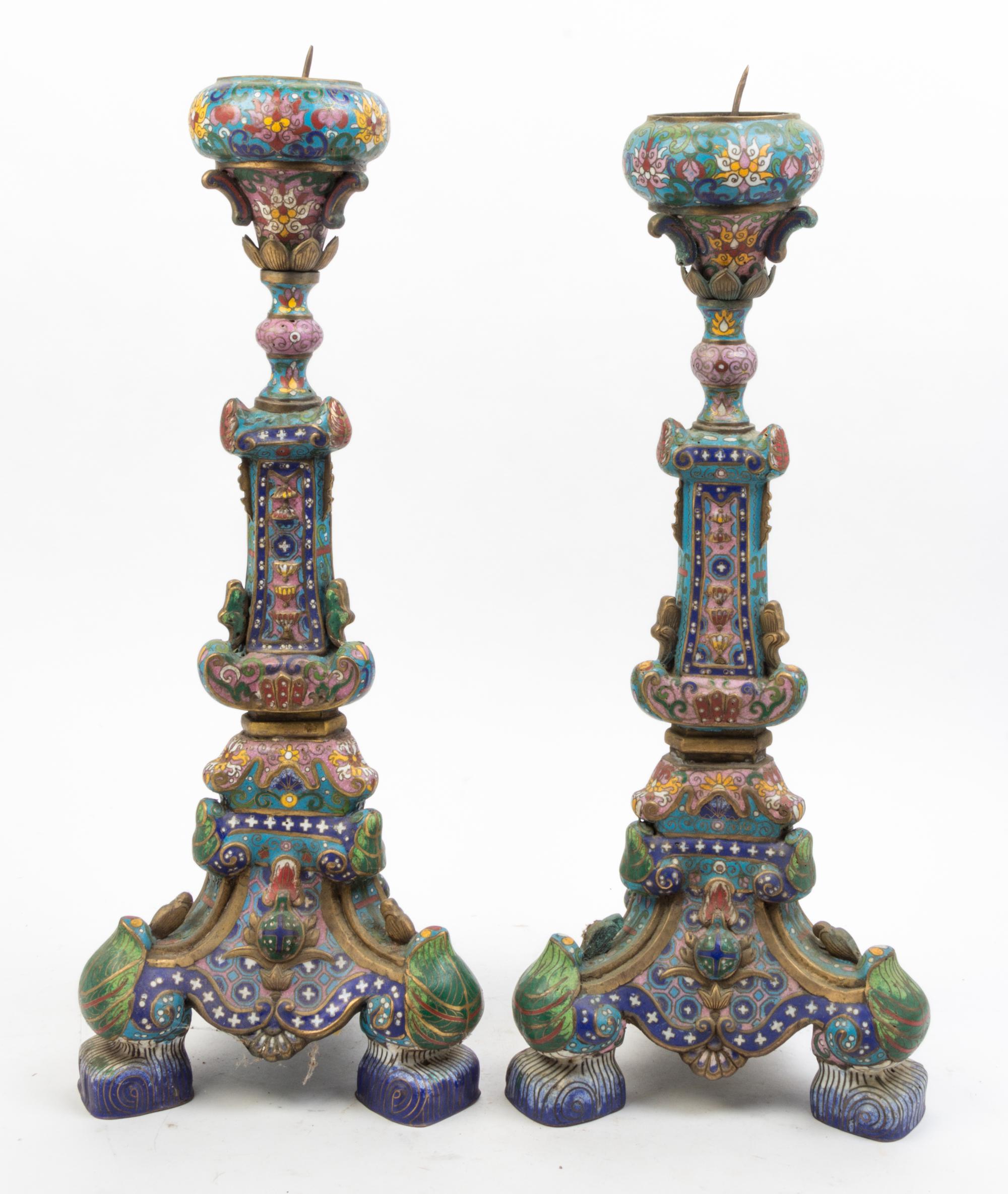 A Pair of Cloisonne Pricket Sticks Height 23 inches.