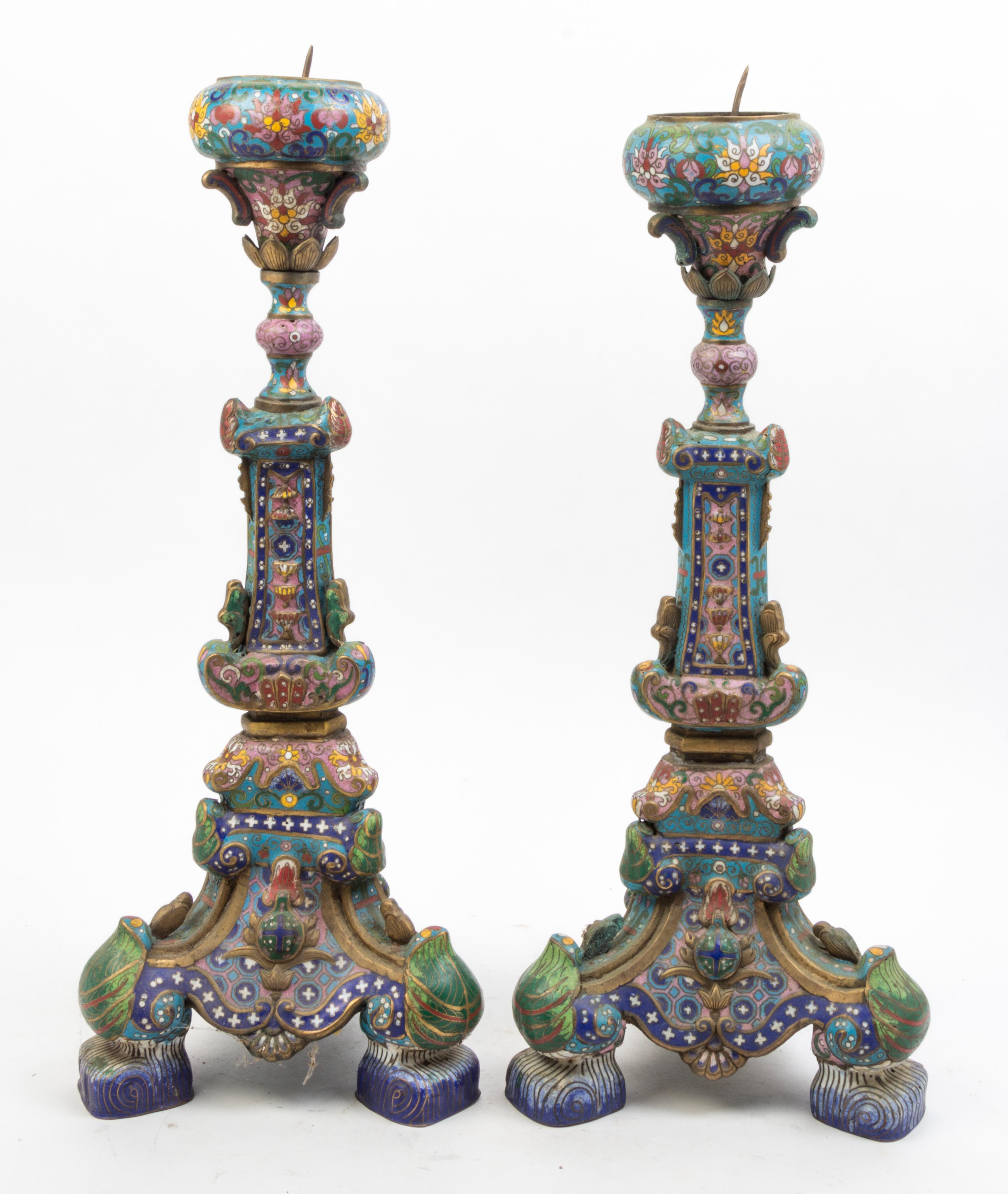 A Pair of Cloisonne Pricket Sticks Height 23 inches.