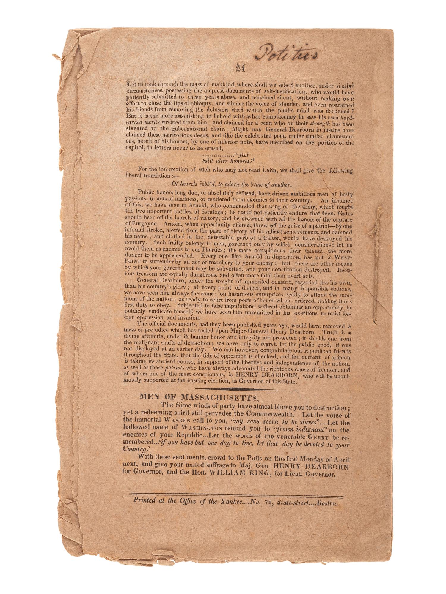 [MASSACHUSETTS] -- [DEARBORN, Henry (1751-1829)]. A group of signed documents and other ephemera related to military officer and politician Henry Dearborn, comprising: