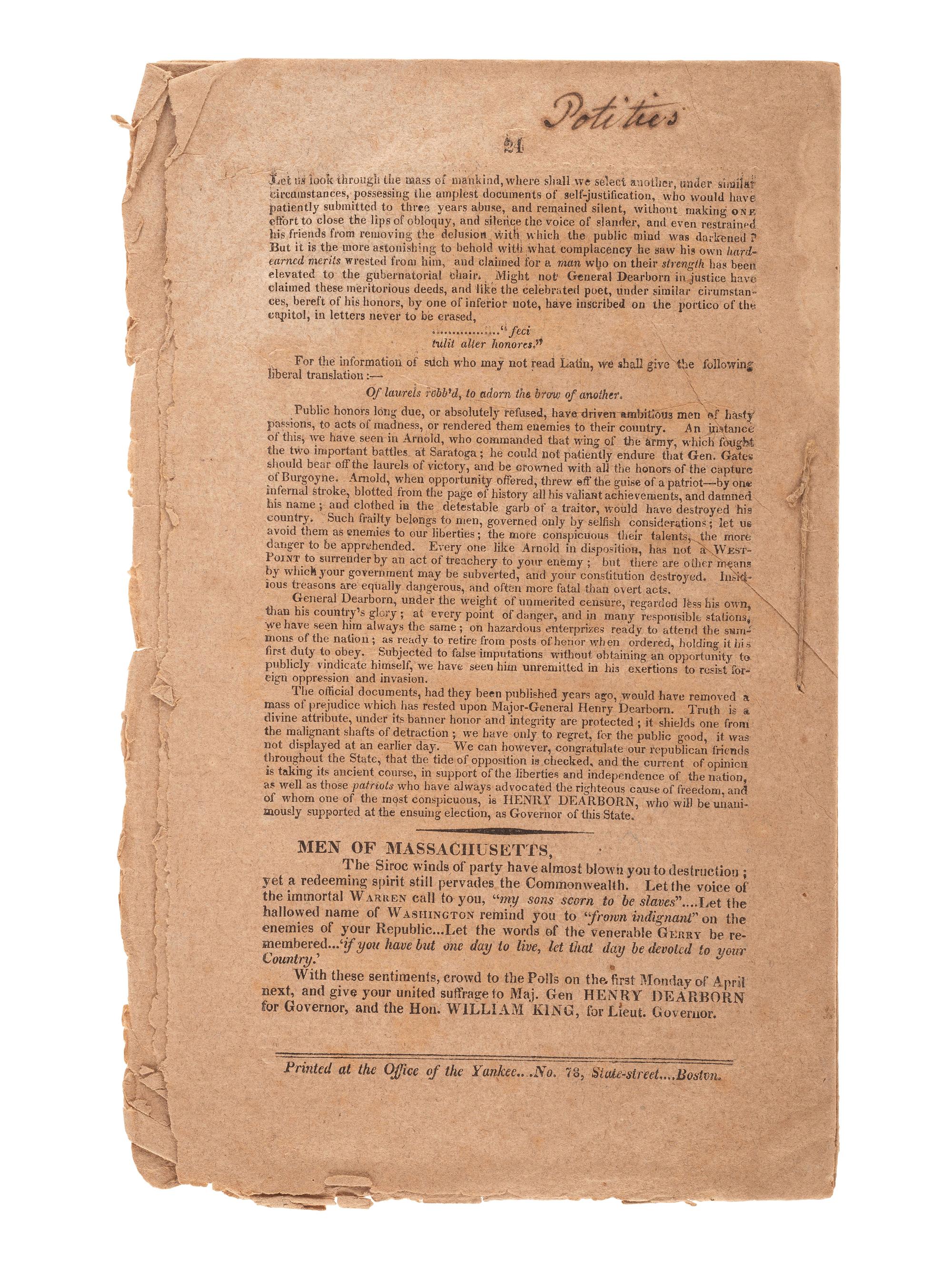 [MASSACHUSETTS] -- [DEARBORN, Henry (1751-1829)]. A group of signed documents and other ephemera related to military officer and politician Henry Dearborn, comprising: