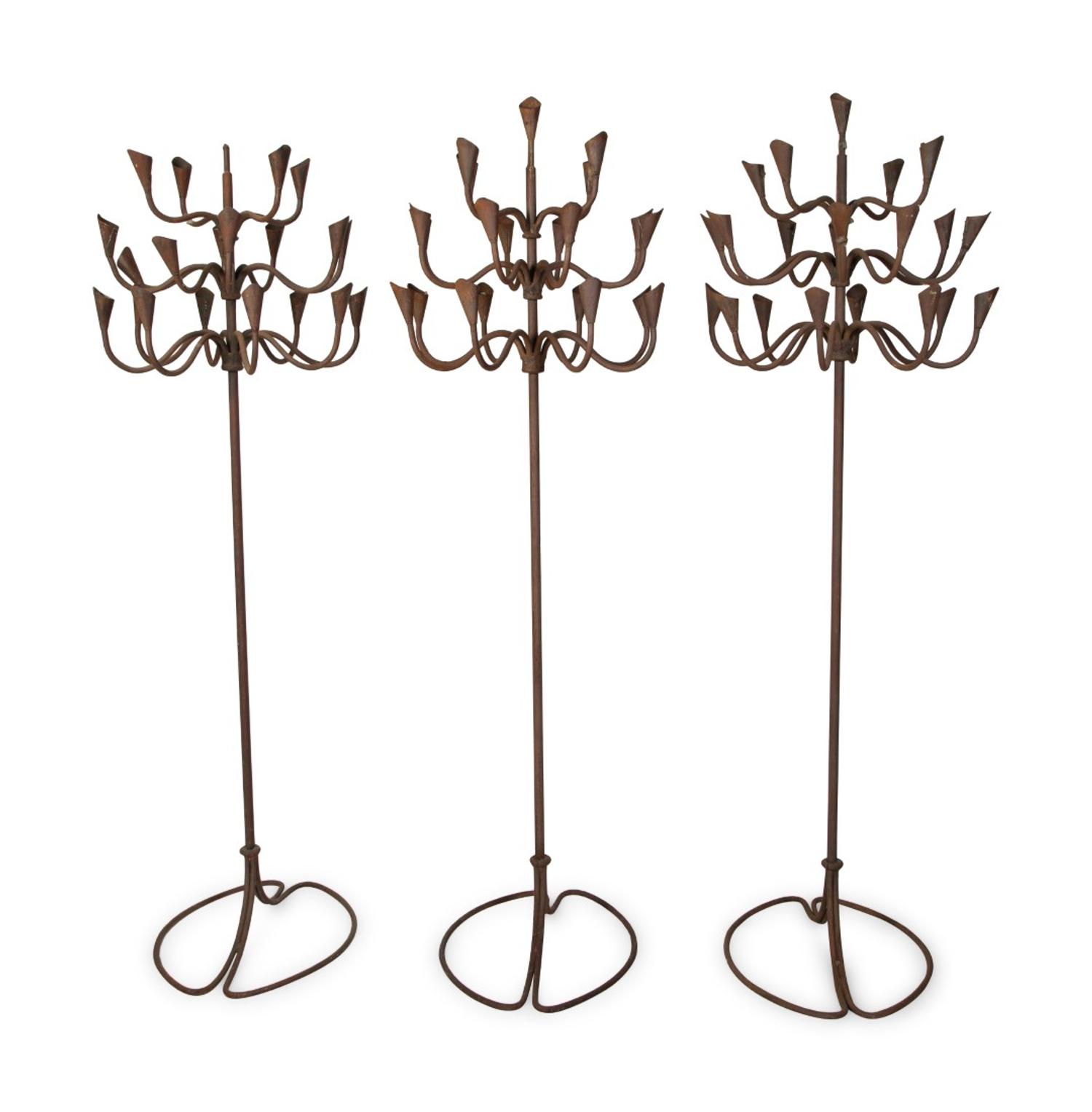 Three Wrought Iron Calla Lily Design 21-Light Torcheres — 20TH CENTURY
