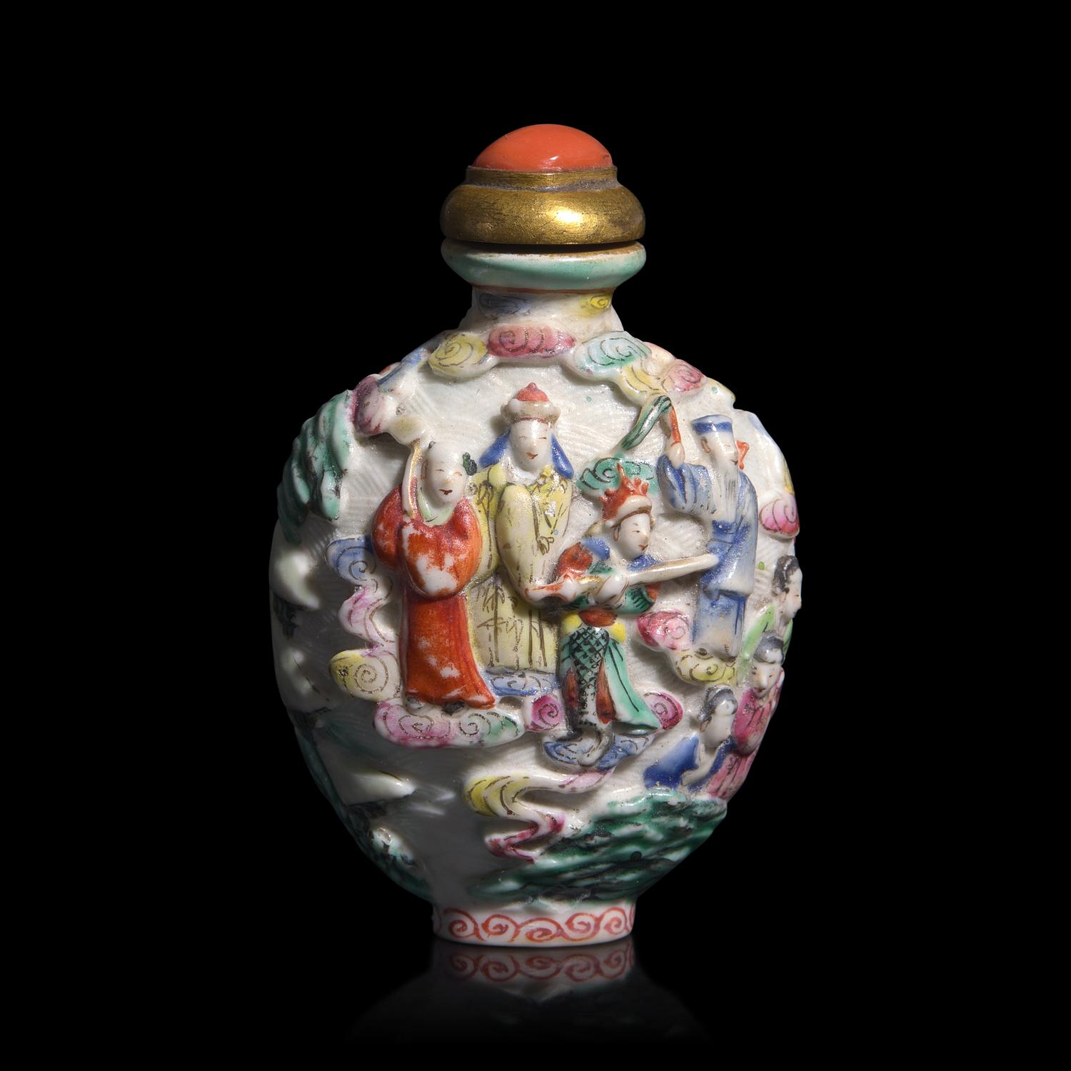 A Chinese Enameled Molded Porcelain " Baxian" Snuff Bottle, Jiaqing Mark