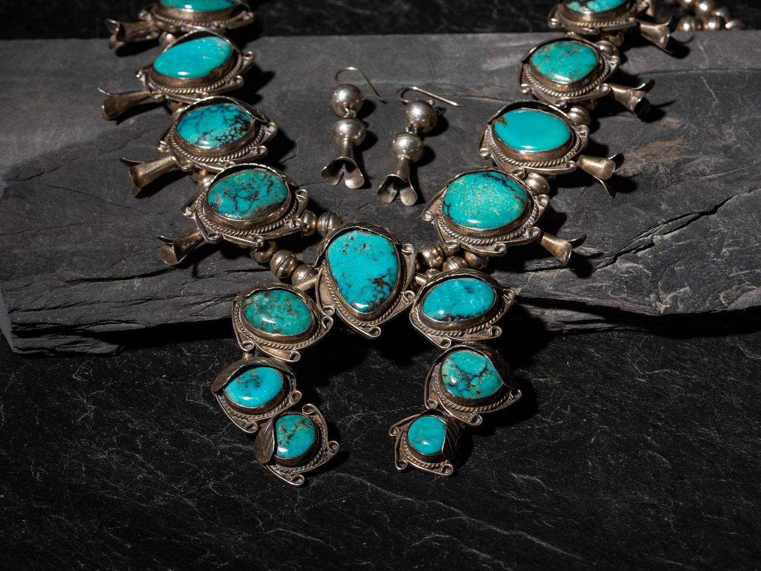 Silver and Turquoise Squash Blossom Necklace, PLUS Hook Earrings