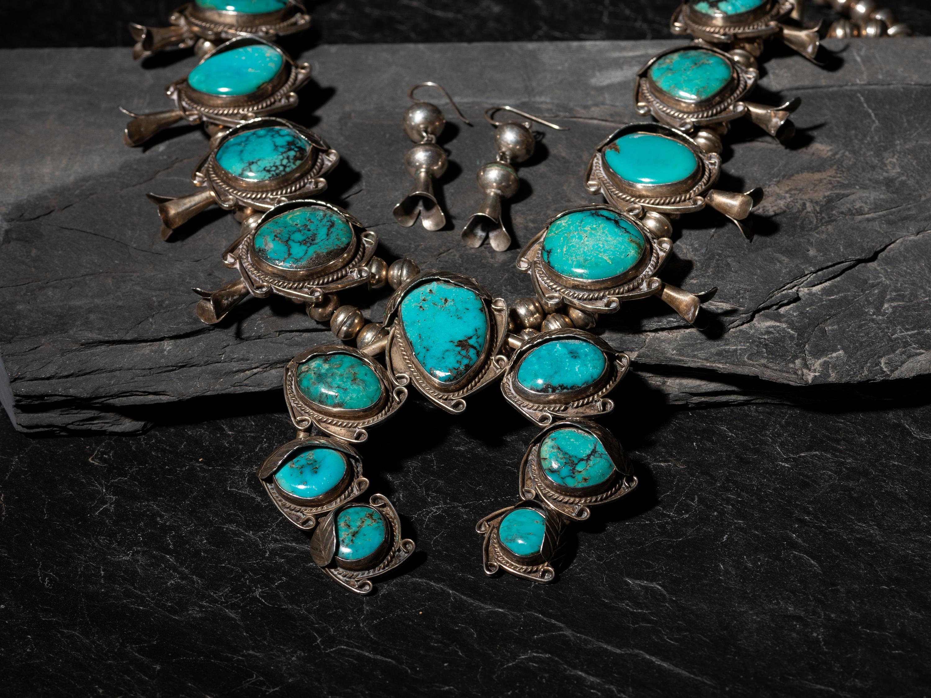 Silver and Turquoise Squash Blossom Necklace, PLUS Hook Earrings