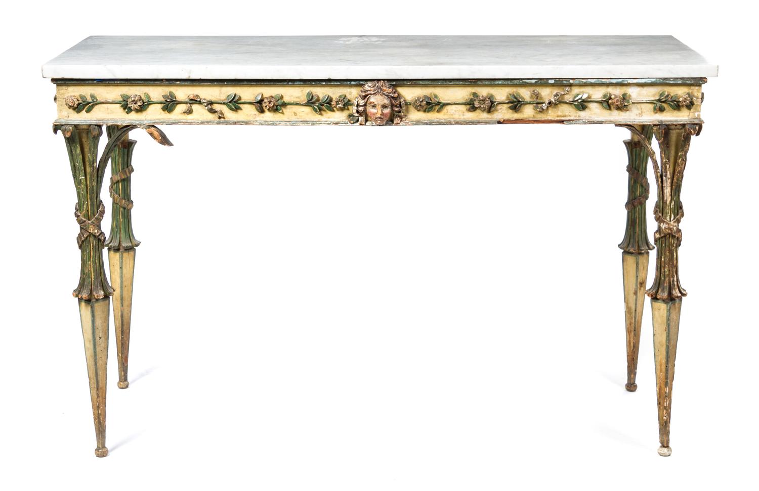 A Continental Cream and Green Painted Center Table Height 33 1/4 x width 54 x depth 25 1/4 inches. — 18TH CENTURY