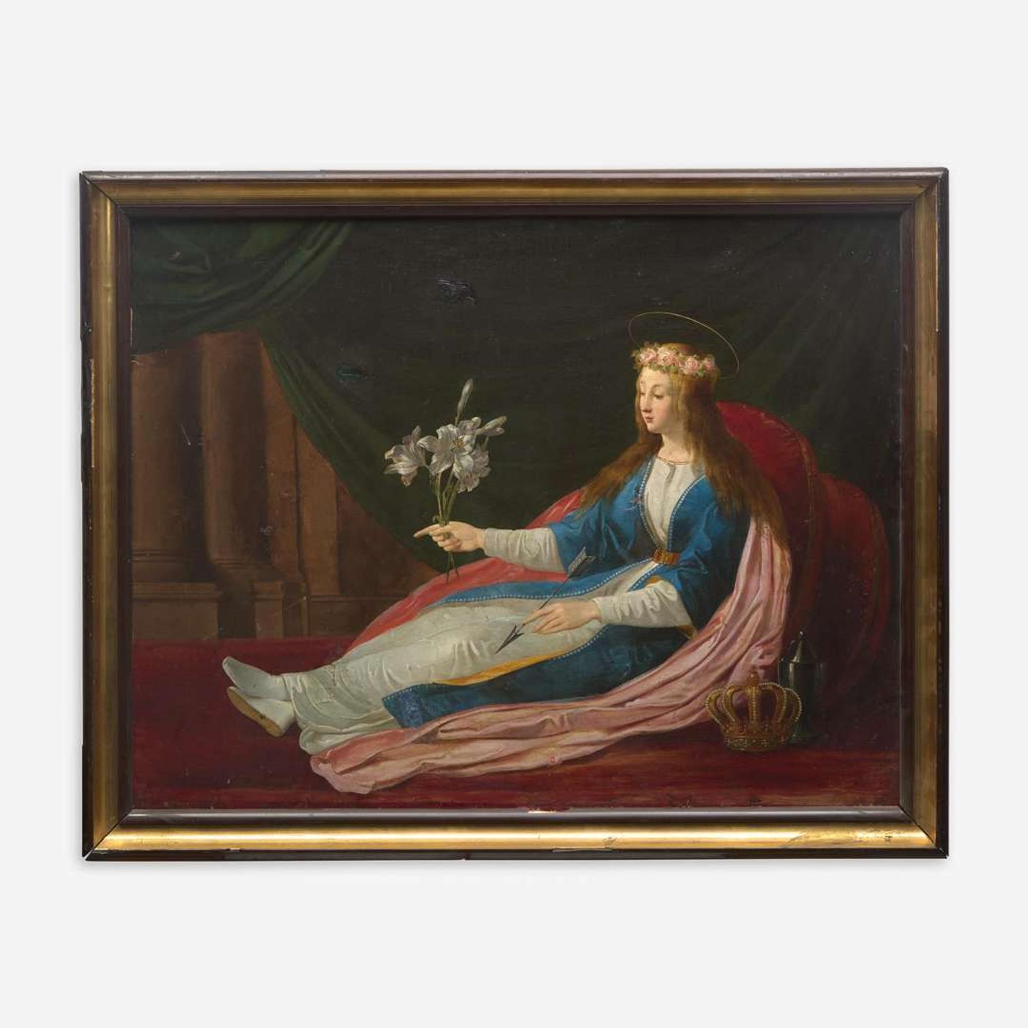 School of Jacques Stella (French, 1596–1657) Crowned Female Martyr Holding a Bouquet of Lilies, Reclining