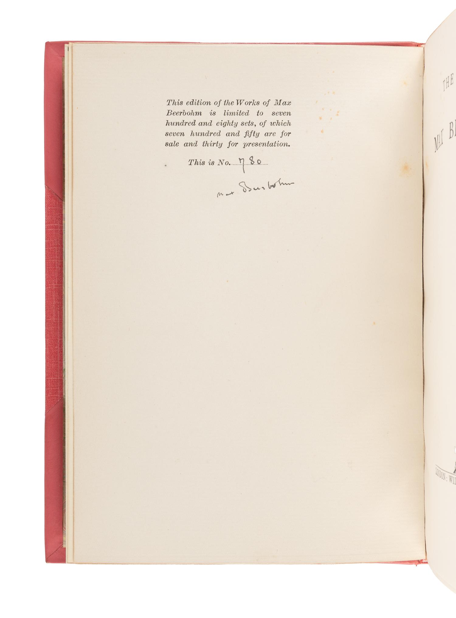 [BINDINGS]. BEERBOHM, Max (1872-1956). [ The Works ]. The Works of Max Beerbohm . -- More . -- Yet Again . -- And Even Now . -- A Christmas Garland . -- Zuleika Dobson . -- Seven Men . -- Around Theatres . 2 volumes. -- A Variety of Things . London: William Heinemann, 1922-1928.