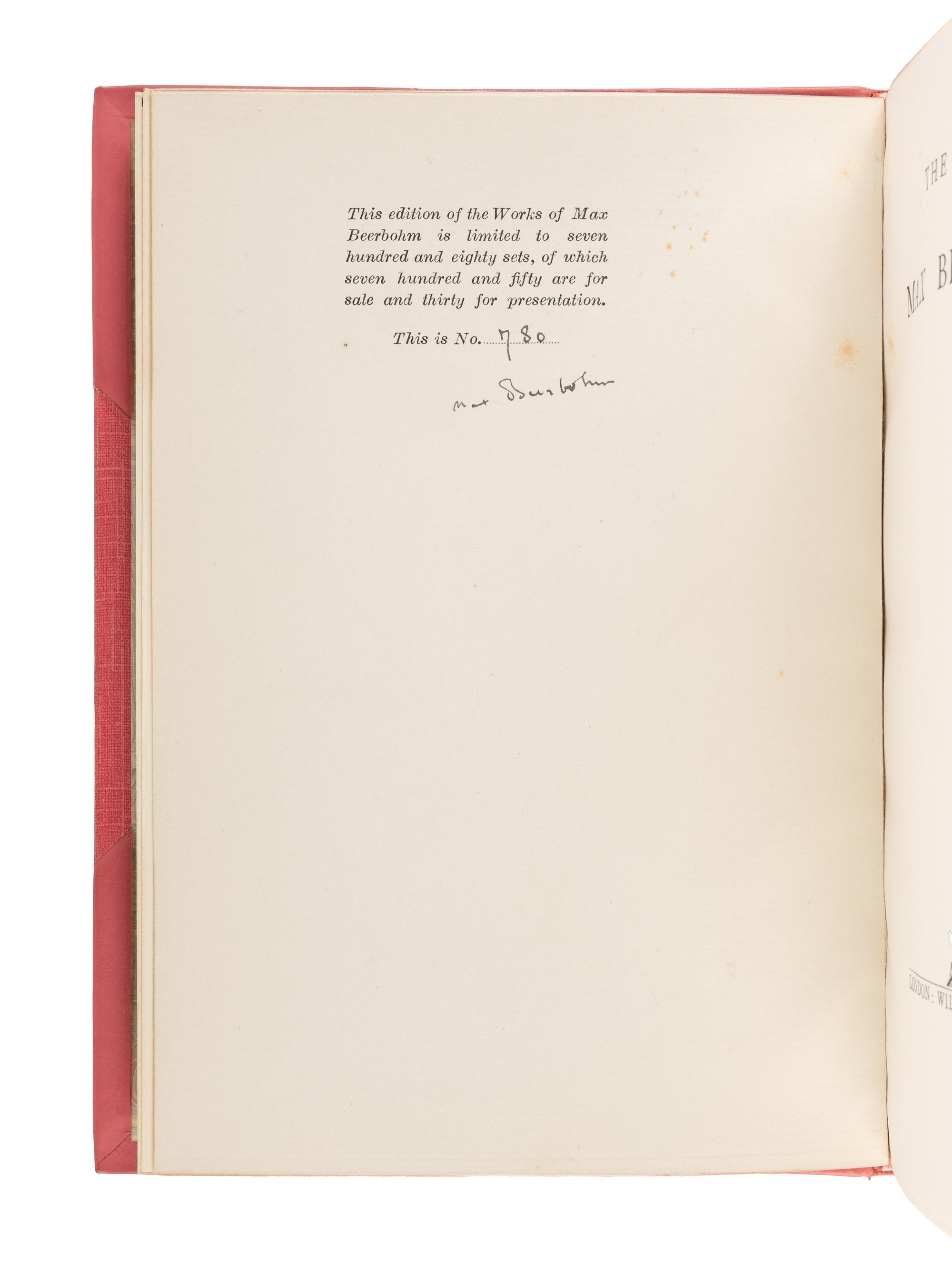 [BINDINGS]. BEERBOHM, Max (1872-1956). [ The Works ]. The Works of Max Beerbohm . -- More . -- Yet Again . -- And Even Now . -- A Christmas Garland . -- Zuleika Dobson . -- Seven Men . -- Around Theatres . 2 volumes. -- A Variety of Things . London: William Heinemann, 1922-1928.