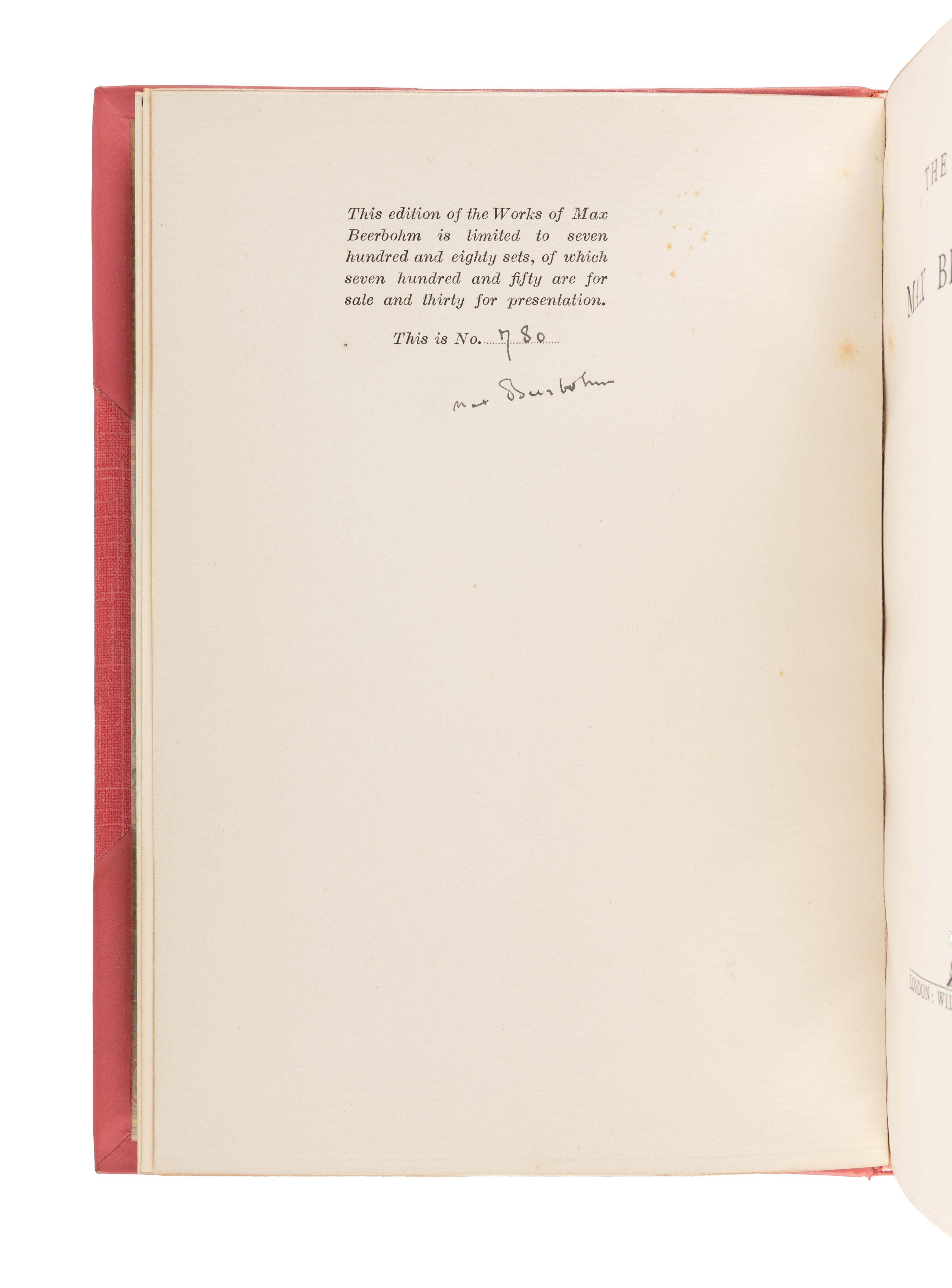 [BINDINGS]. BEERBOHM, Max (1872-1956). [ The Works ]. The Works of Max Beerbohm . -- More . -- Yet Again . -- And Even Now . -- A Christmas Garland . -- Zuleika Dobson . -- Seven Men . -- Around Theatres . 2 volumes. -- A Variety of Things . London: William Heinemann, 1922-1928.